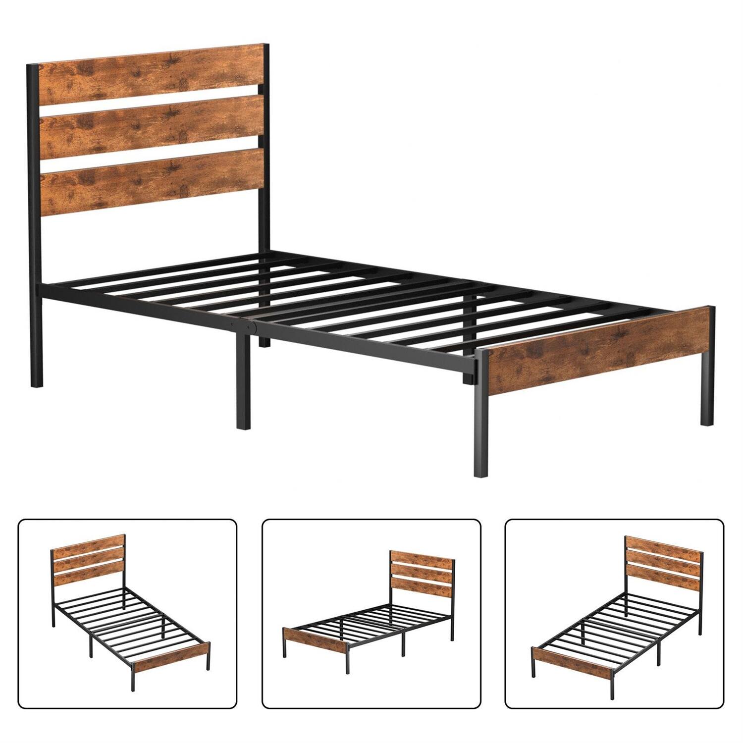 Back. Hivvago - Hivvago Twin Industrial Platform Bed Frame with Wood Slatted Headboard Footboard - Brown.