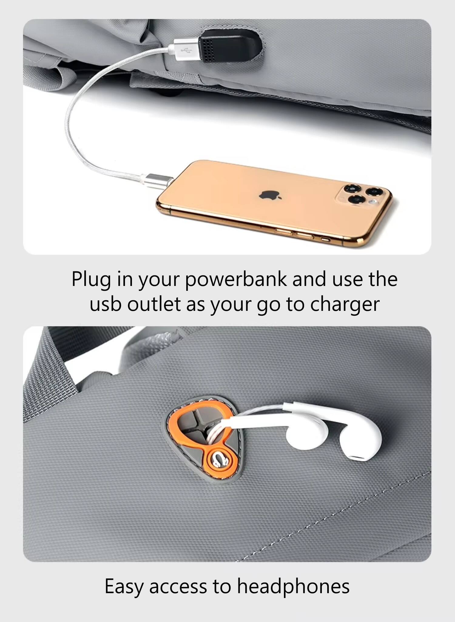 Plug in your powerbank and use the USB outlet as your go-to charger. Easy access to headphones.