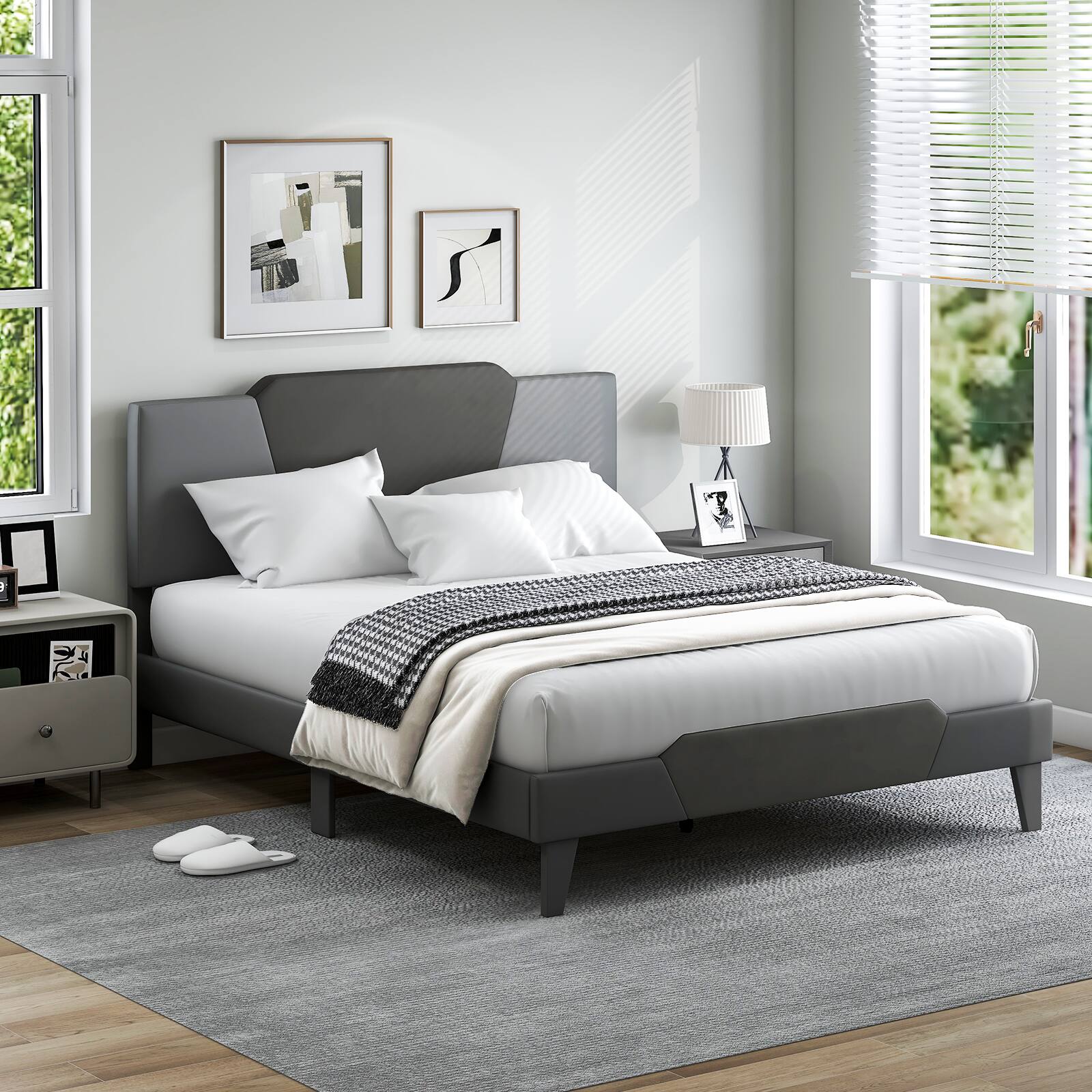 Alt View 2. SlickBlue - Velvet Upholstered Bed Frame with High Padded Headboard for Bedroom - Grey.