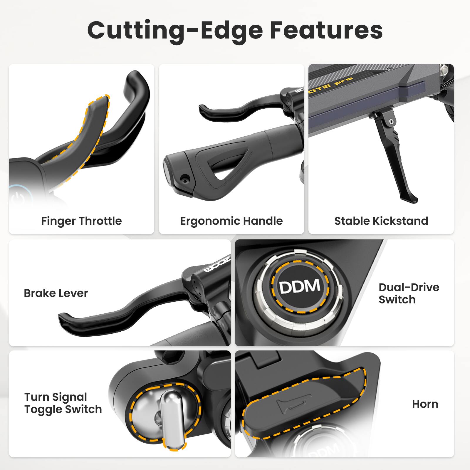 Cutting-Edge Features
- Finger Throttle
- Ergonomic Handle
- Stable Kickstand
- Brake Lever
- Dual-Drive Switch (DDM)
- Turn Signal Toggle Switch
- Horn