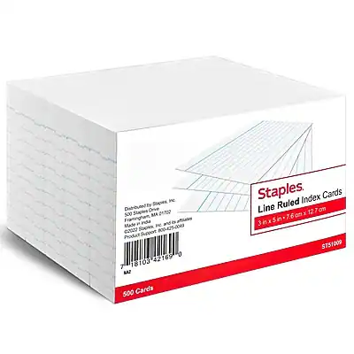 Distributed by Staples Inc., 500 MIA
Made in China
Product Support: 800-425-0043
Product Code: 42169
MAZ Staples
Line Ruled Index Cards
3" x 5" (7.6cm x 12.7cm)
500 Cards
ST51009