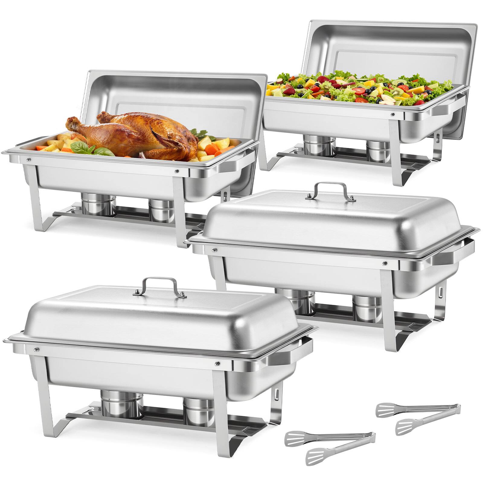 VEVOR - Rectangle Chafing Dish, 9 Qt 4 Pack Stainless Steel Chafing Dish, Food Warmer Chafer Complete Set with Hollow Handle - Silver