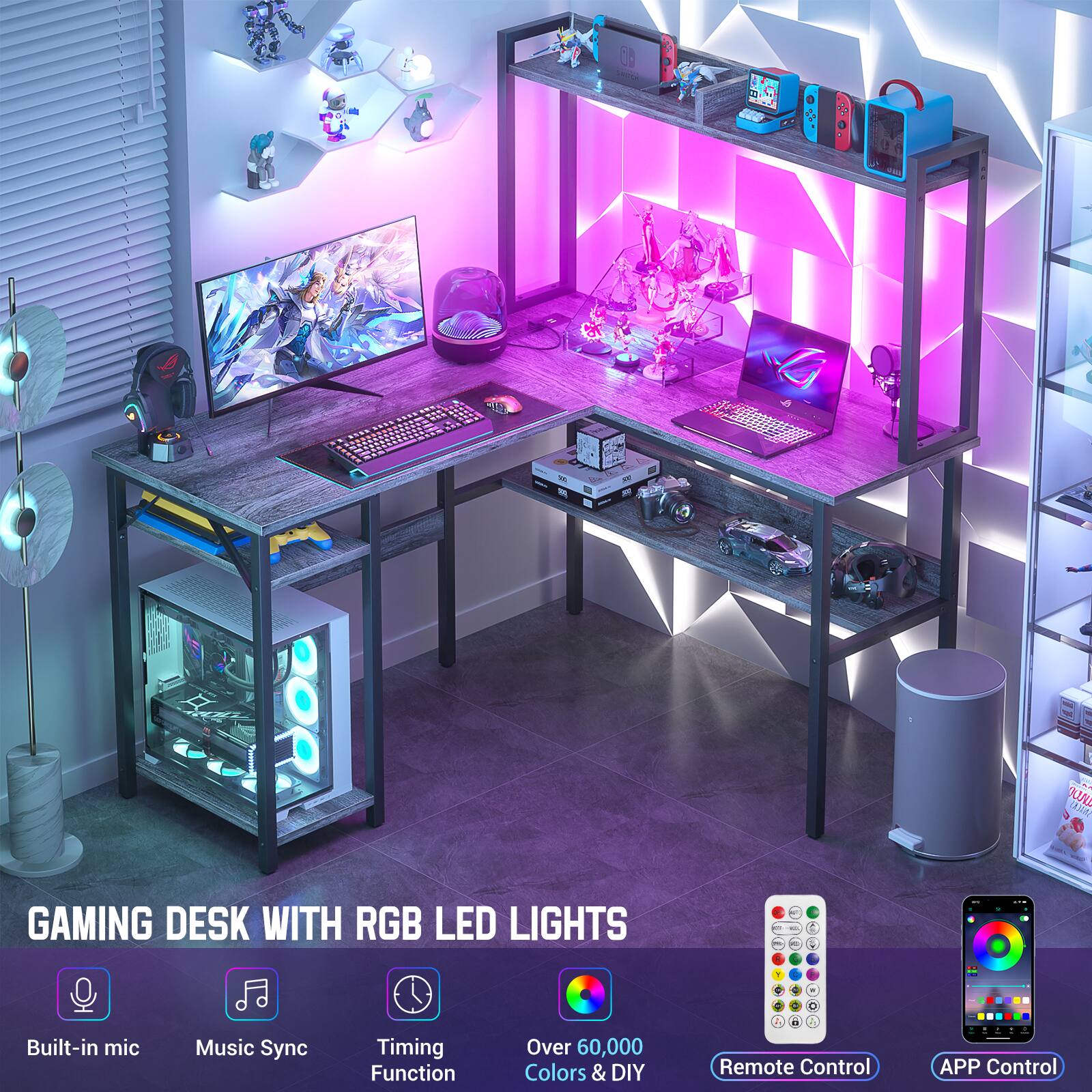 Gaming Desk with RGB LED Lights

- Built-in mic
- Music Sync
- Timing Function
- Over 60,000 Colors & DIY
- Remote Control
- APP Control