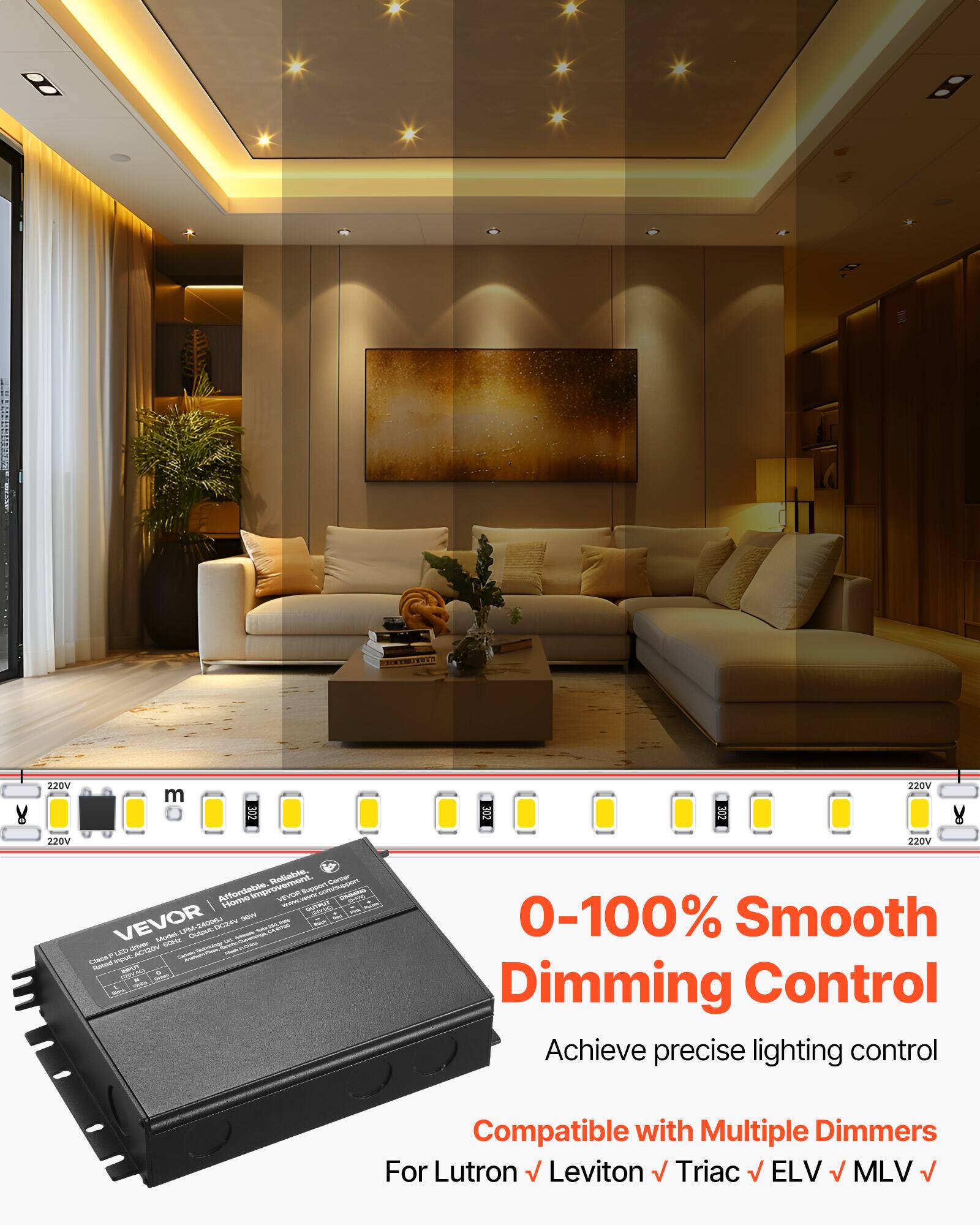 Sure, here is the corrected and grouped text:

---

**VEVOR**

**0-100% Smooth Dimming Control**

Achieve precise lighting control

Compatible with Multiple Dimmers

For Lutron ✓ Leviton ✓ Triac ✓ ELV ✓ MLV ✓

---

**Specifications:**

- 220V
- 13W
- 220V
- 220V
- 220V
- 220V
- 220V
- 220V
- 220V
- 220V
- 220V
- 220V
- 220V
- 220V
- 220V
- 220V
- 220V
- 220V
- 220V
- 220V
- 220V
- 220V
- 220V
- 220V
- 220V
- 220V
- 220V
- 220V