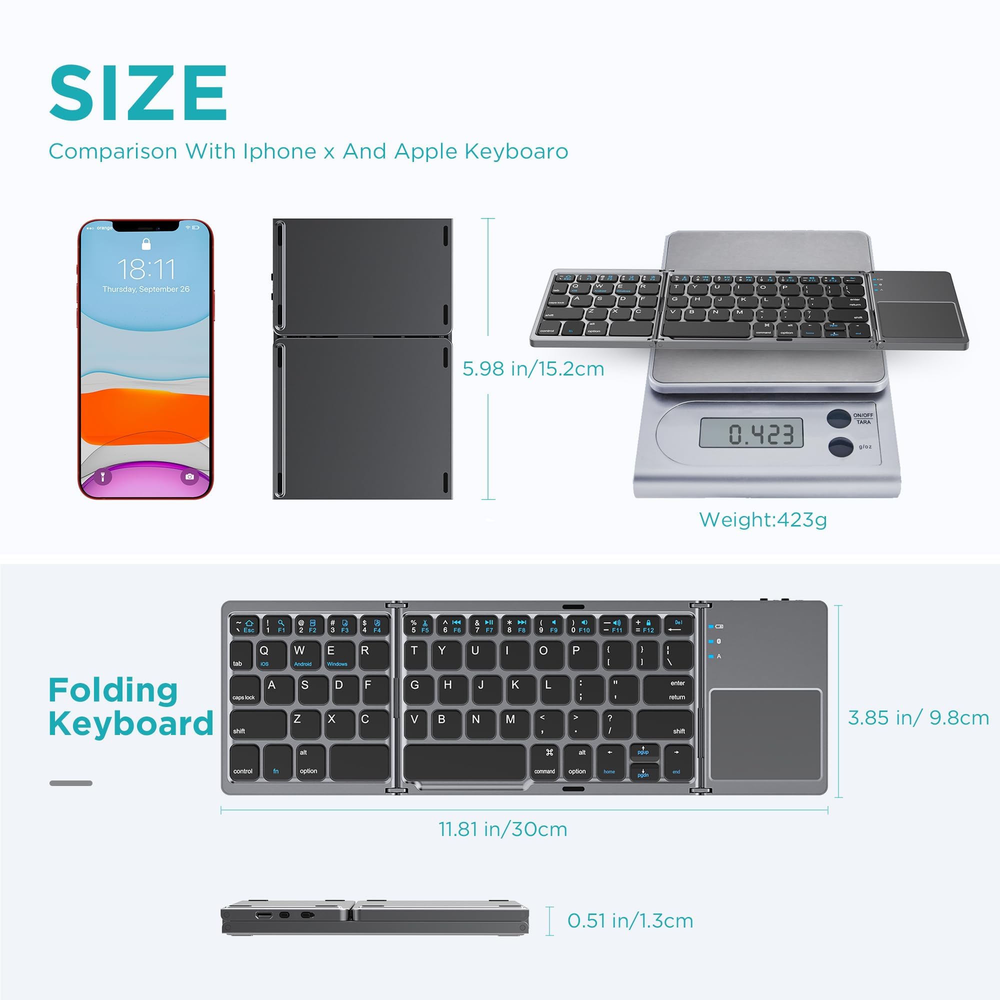 **SIZE**  
Comparison With Iphone x And Apple Keyboard

- **Iphone x:** 5.98 in/15.2cm
- **Weight:** 423g

**Folding Keyboard**
- **Unfolded:** 11.81 in/30cm
- **Folded:** 3.85 in/9.8cm
- **Thickness:** 0.51 in/1.3cm