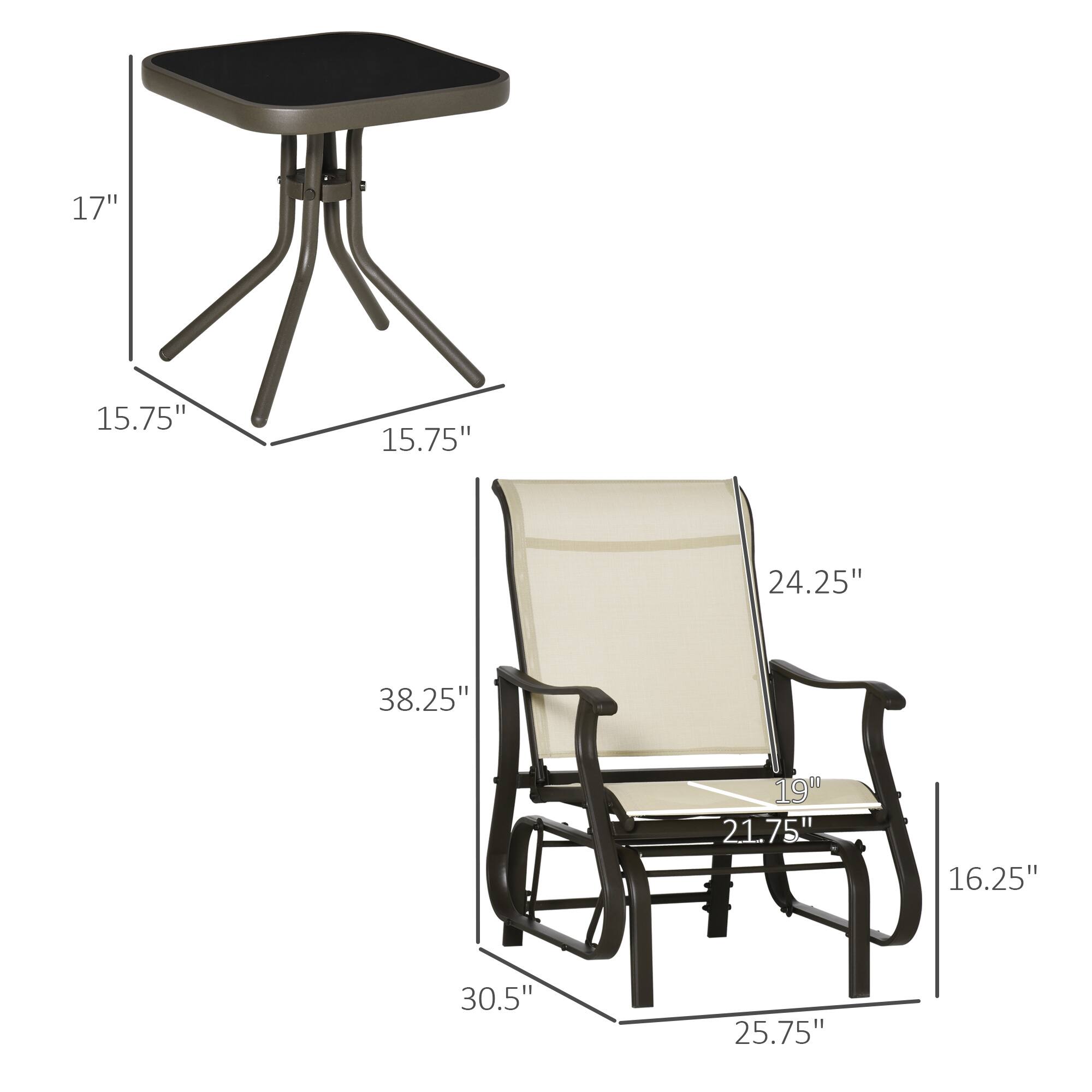 17", 15.75", 15.75" - table
24.25", 38.25", 19", 21.75", 16.25", 30.5", 25.75" - chair