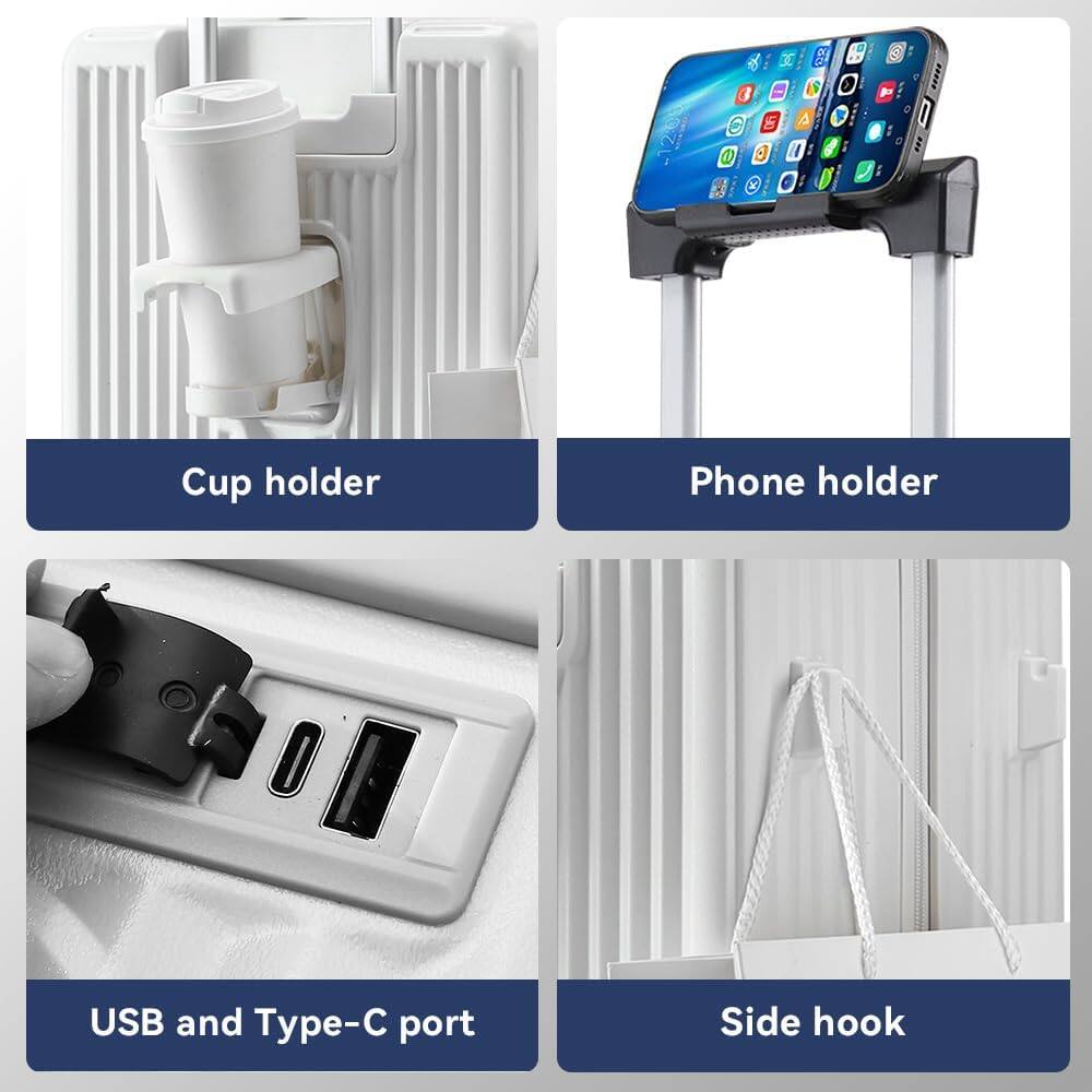 Cup holder  
Phone holder  
USB and Type-C port  
Side hook