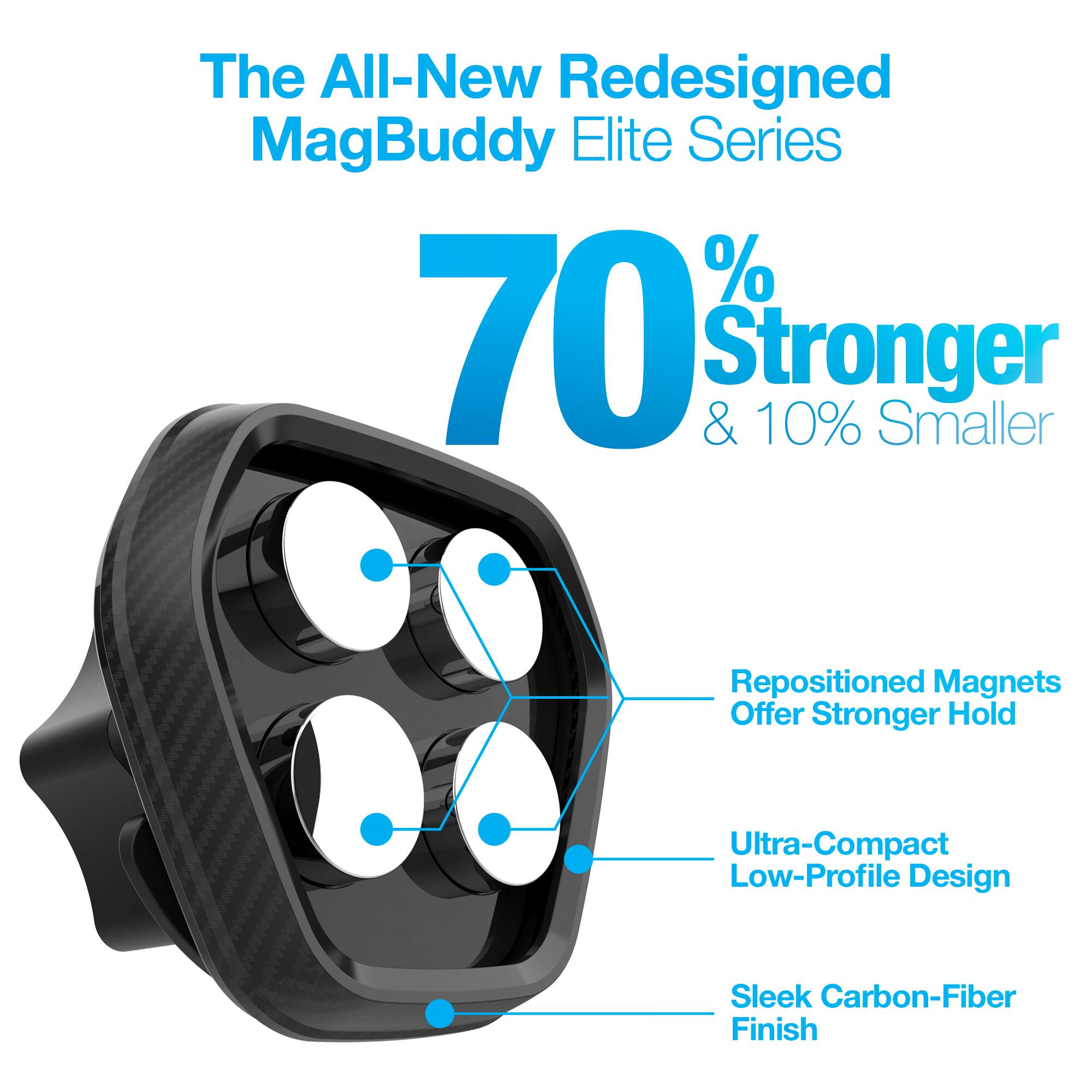 The All-New Redesigned MagBuddy Elite Series

70% Stronger & 10% Smaller

Repositioned Magnets Offer Stronger Hold

Ultra-Compact Low-Profile Design

Sleek Carbon-Fiber Finish