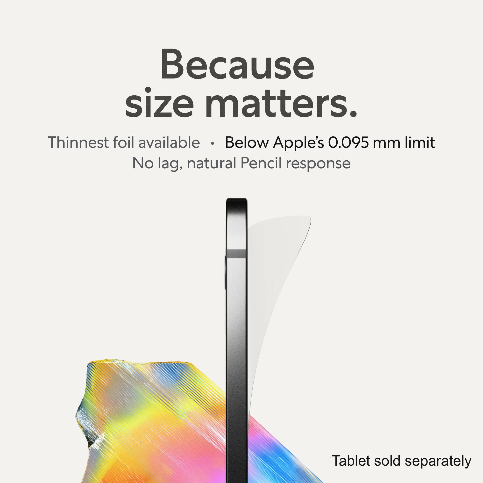 Because size matters.  
Thinnest foil available  
Below Apple's 0.095 mm limit  
No lag, natural Pencil response  
Tablet sold separately