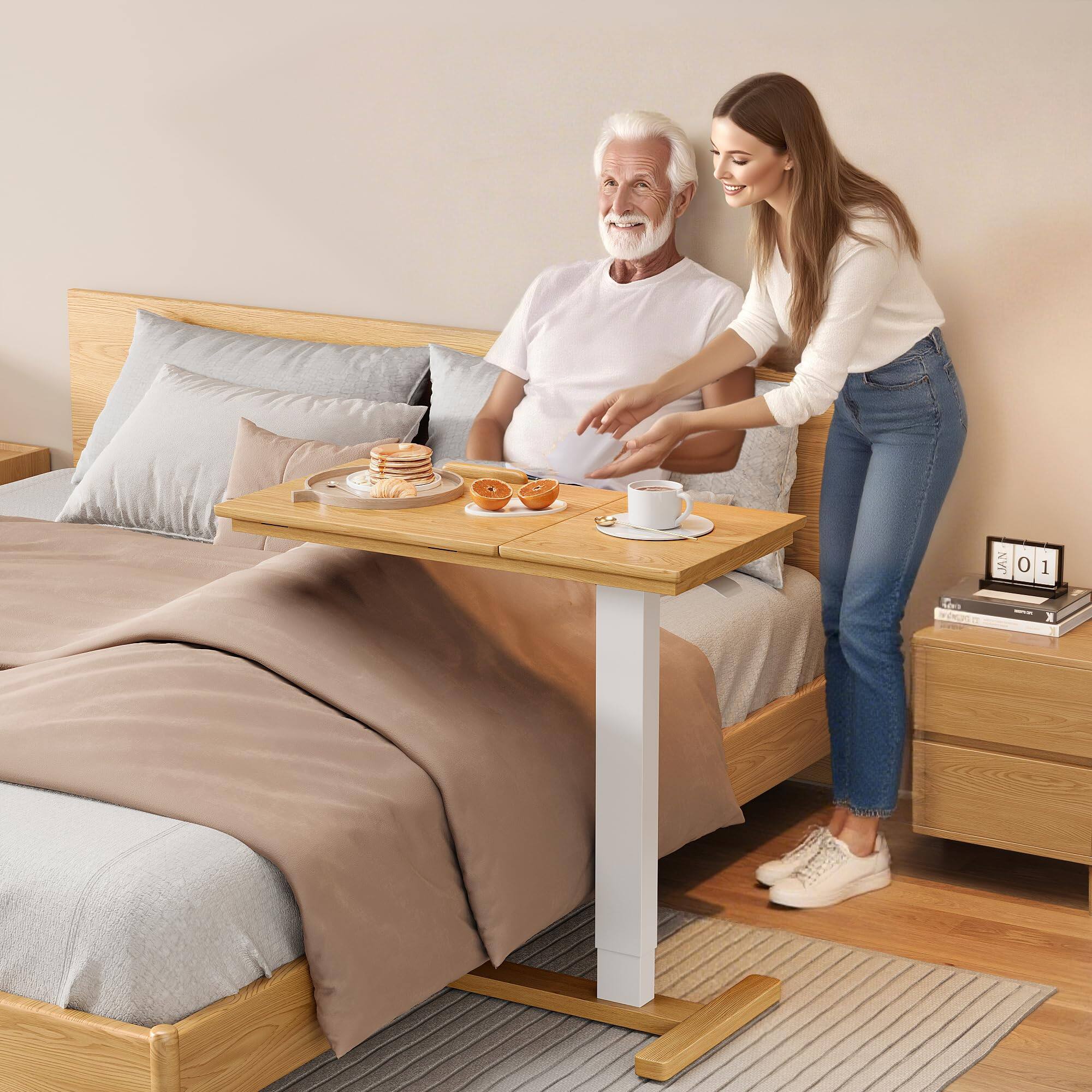 Alt View 3. PO3TICJUNKI3 - Adjustable Solid Wood End Table With Storage Narrow Side Drawer And Shelf Slim Bedside Overbed Wheels For S... - Natural.