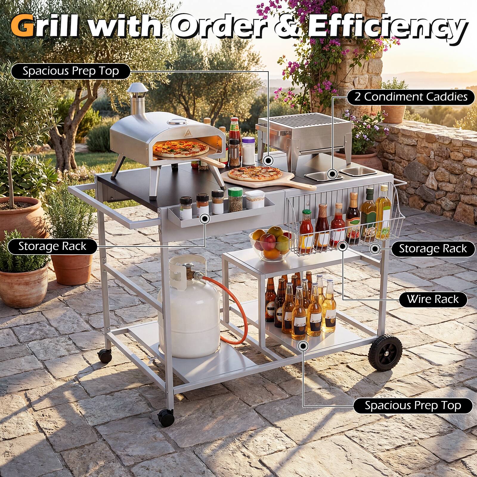 Grill with Order & Efficiency

- Spacious Prep Top
- 2 Condiment Caddies
- Storage Rack
- Wire Rack
- Storage Rack
- Spacious Prep Top