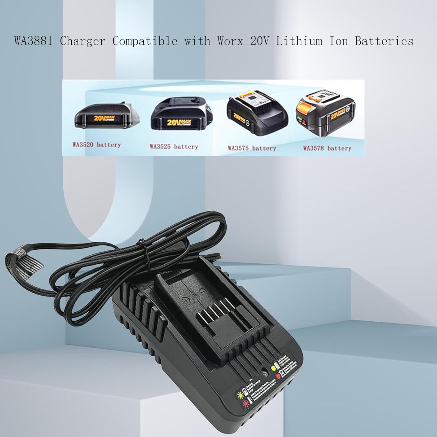 The text on the image is grouped and corrected as follows:

"WA3881 Charger Compatible with Worx 20V Lithium Ion Batteries: 20V, 20V IMAX 2, 2010 WA3520, 2010 WA3525, 2010 WA3575, 2010 WA3578, 4 # XS."