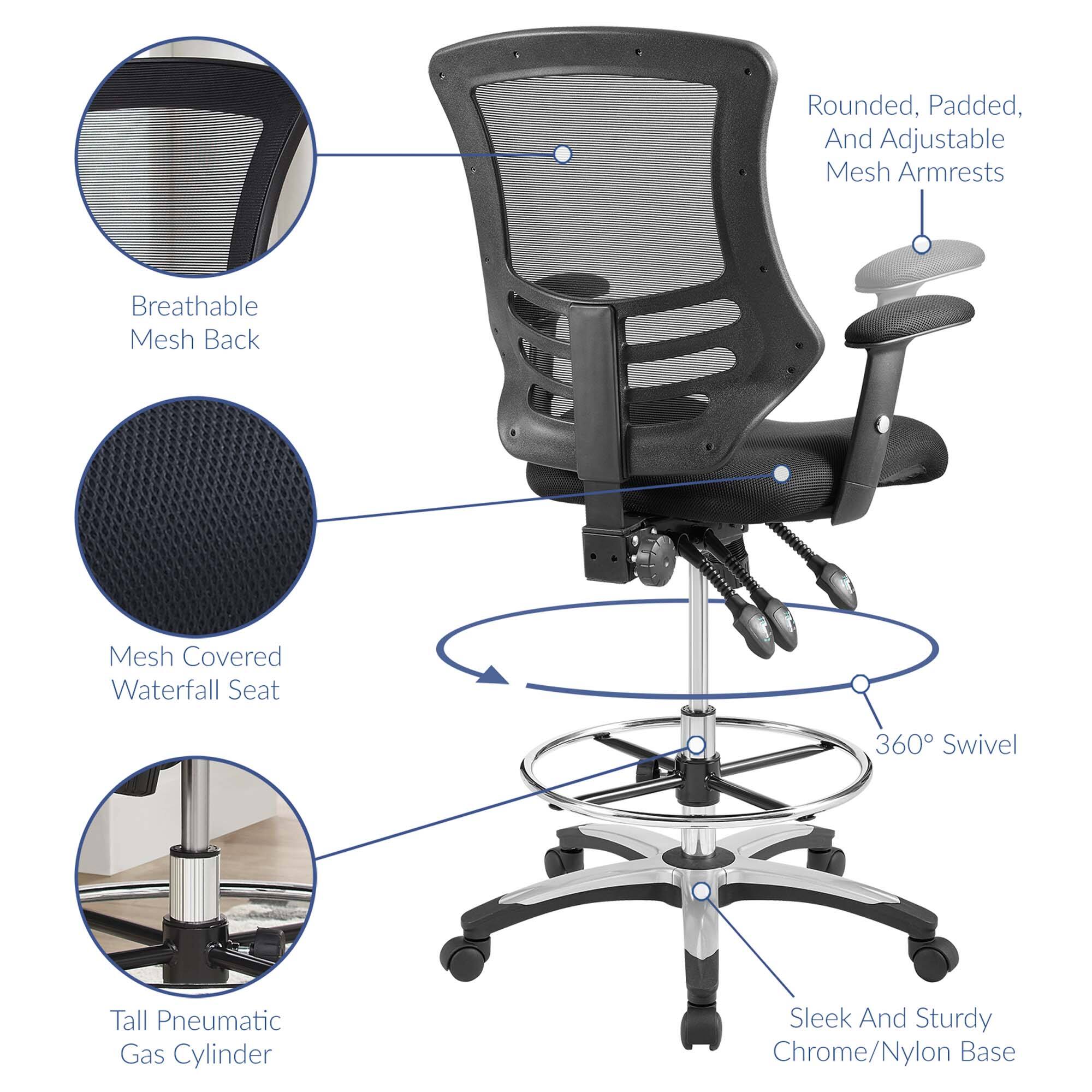 - Rounded, Padded, and Adjustable Mesh Armrests
- Breathable Mesh Back
- Mesh Covered Waterfall Seat
- 360° Swivel
- Tall Pneumatic Gas Cylinder
- Sleek and Sturdy Chrome/Nylon Base