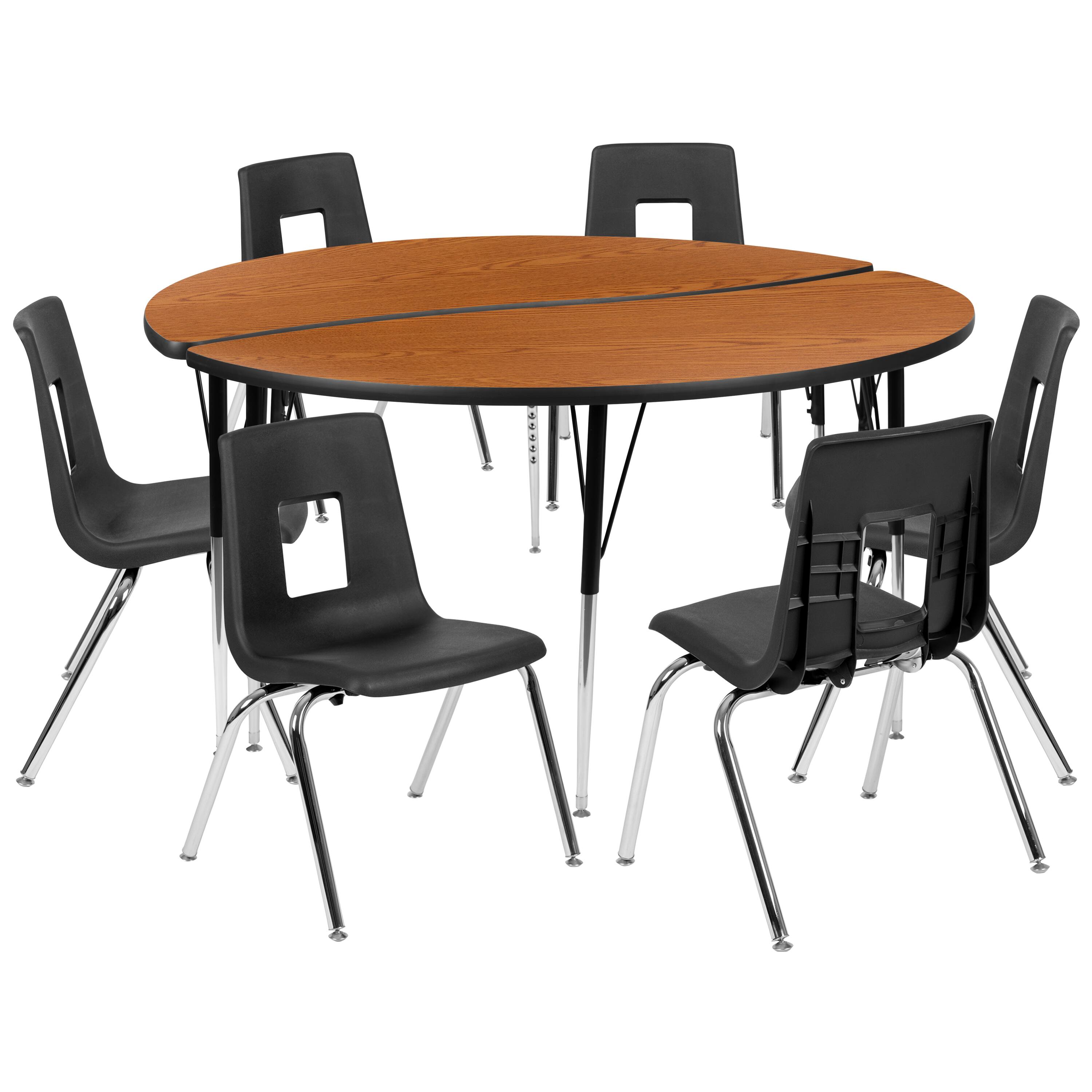 Alt View 1. Emma + Oliver - 60" Circle Wave Collaborative Laminate Activity Table Set with 18" Student Stack Chairs, Grey/Black - Oak.
