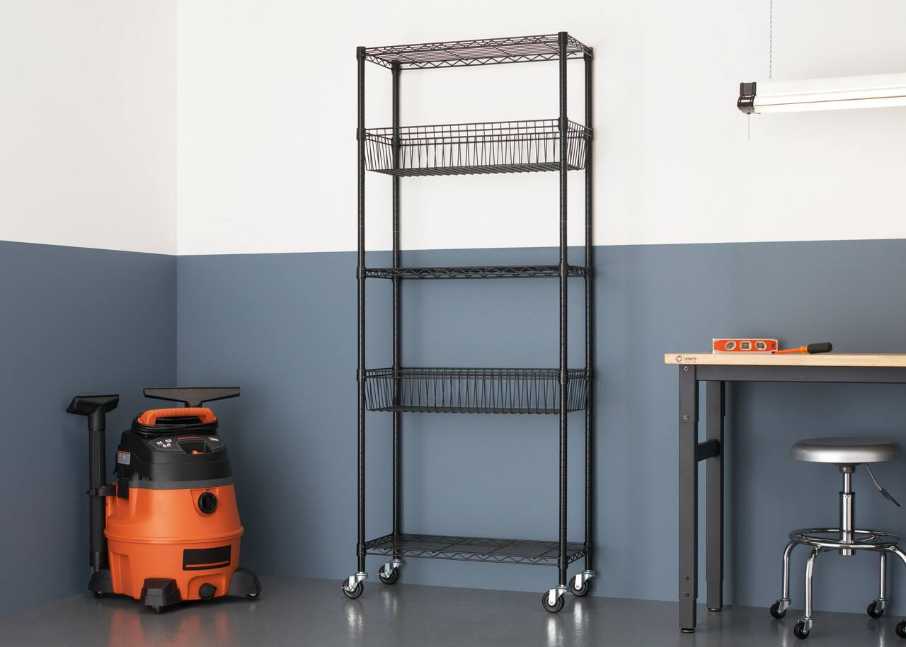Left. TRINITY - 5-Tier 30x14x72 Modular Commercial Wire Shelving NSF w/ Baskets & Wheels Black - Black.