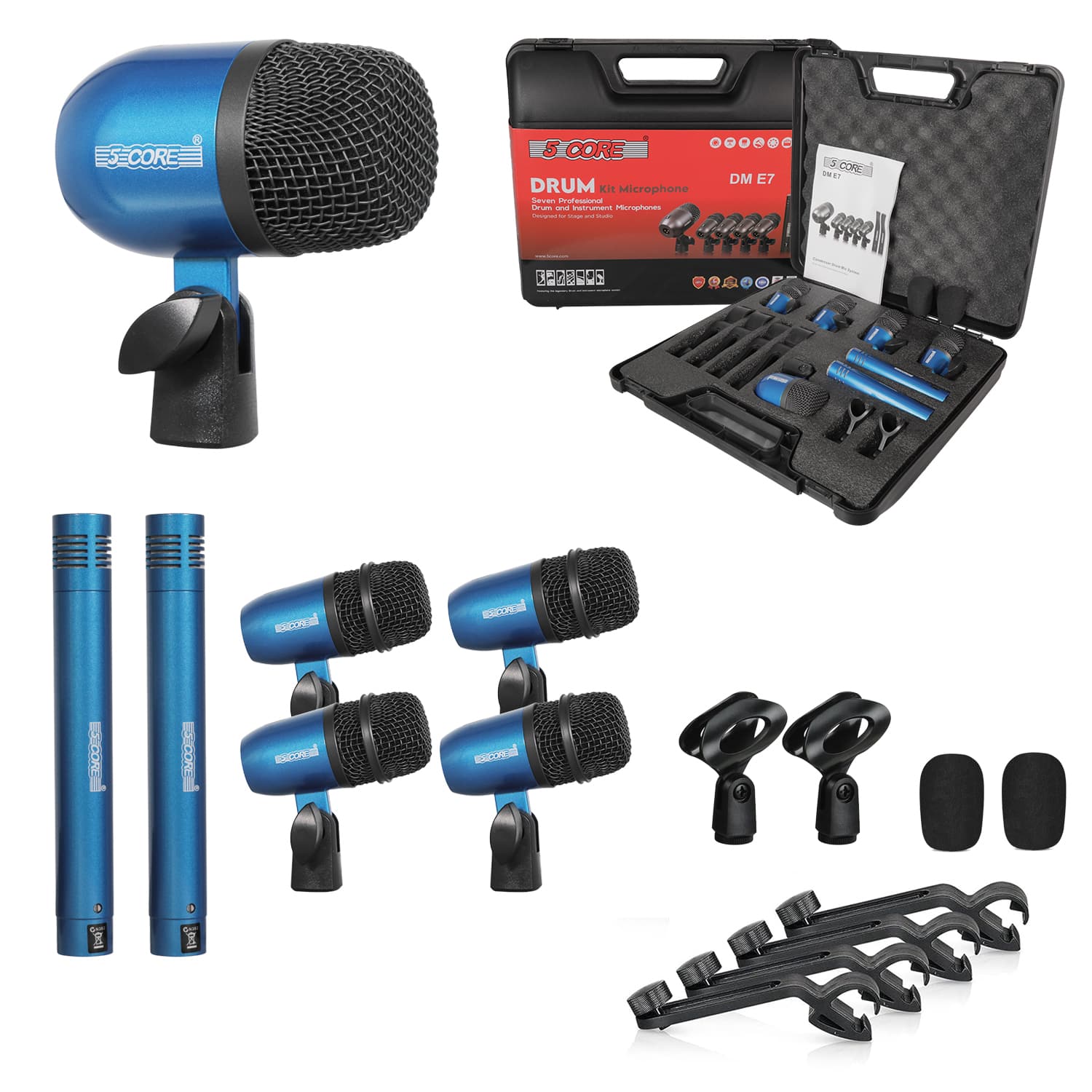 5 CORE - Drum Microphone Kit 7Pc All Metal Drummer Mics Tom/Snare & Cymbals Wired Instrument Drums Set - Blue