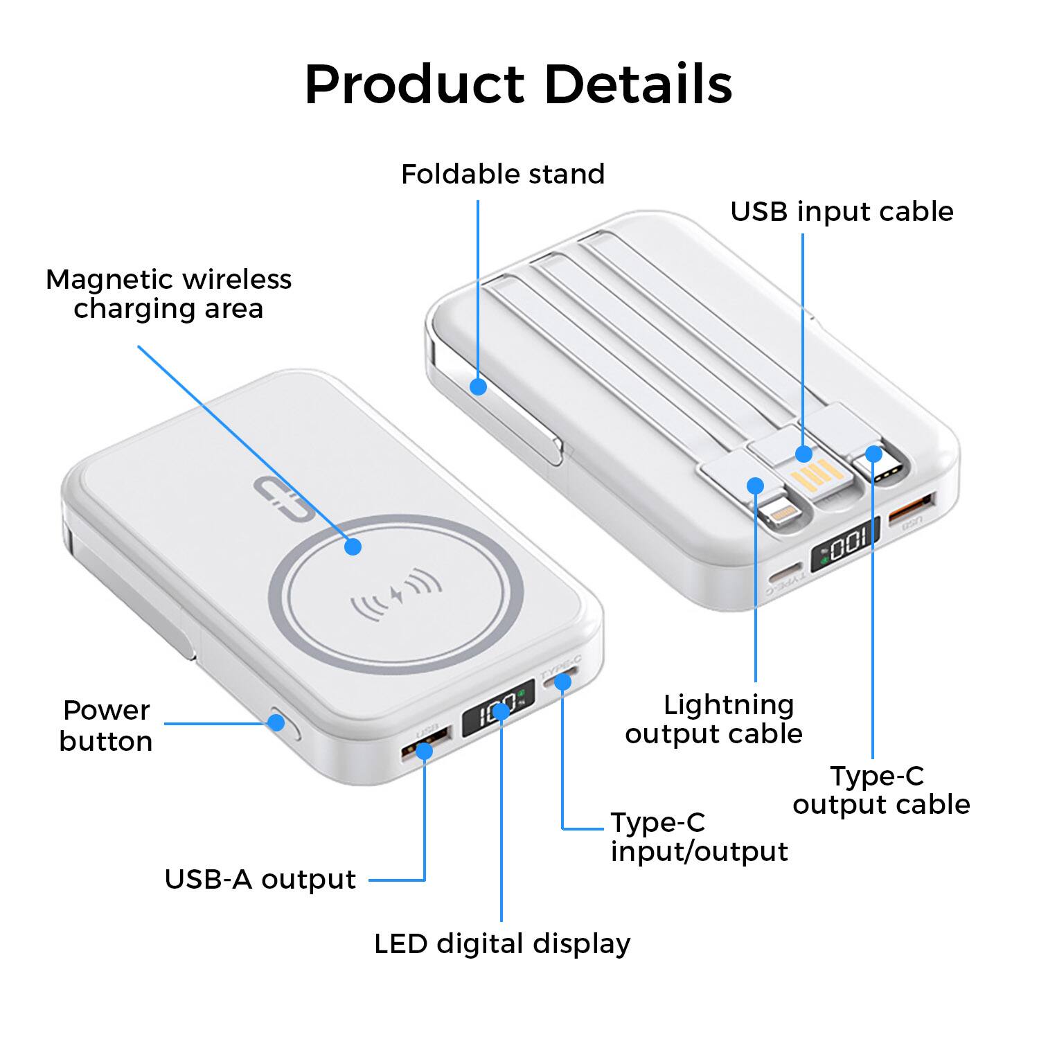 Product Details

Foldable stand
USB input cable
Magnetic wireless charging area
Power button
USB-A output
Lightning output cable
Type-C input/output
LED digital display