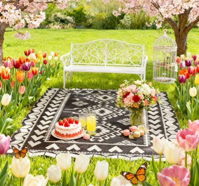 Angle. TinyHomie - Patio Rug for Decor Portable Outside Camping Area Carpet Mat Reversible Rug for Indoor and Outdoor - Black and White.