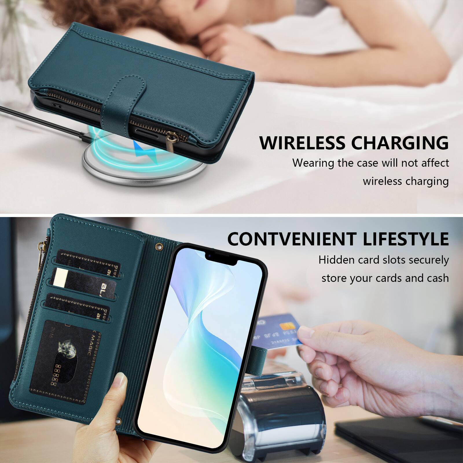 WIRELESS CHARGING  
Wearing the case will not affect wireless charging

2016 88888 8

DI BL MAGIC

CONVENIENT LIFESTYLE  
Hidden card slots securely store your cards and cash