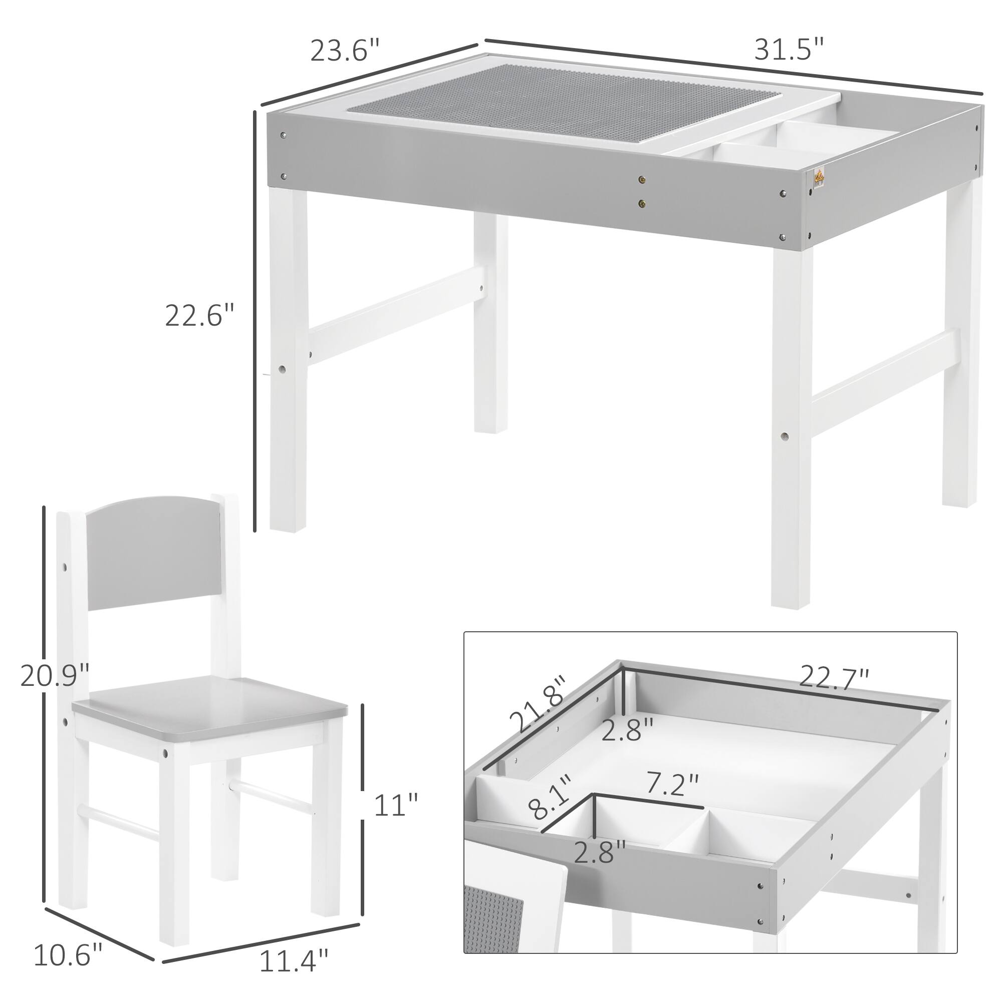- Table dimensions: 31.5" (length) x 23.6" (width) x 22.6" (height)
- Chair dimensions: 20.9" (height) x 11" (seat width) x 10.6" (seat depth) x 11.4" (seat height)
- Tray dimensions: 22.7" (length) x 21.8" (width) x 7.2" (depth) x 2.8" (height)