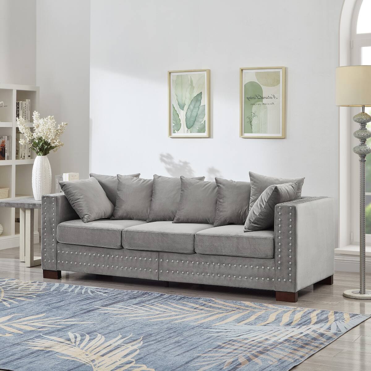 Left. Ropilly - Ropilly Grey Velvet Sofa with Square Arms, 3 Seat Living Room Sofa with Silver Nailhead Trim and Storage - Grey.