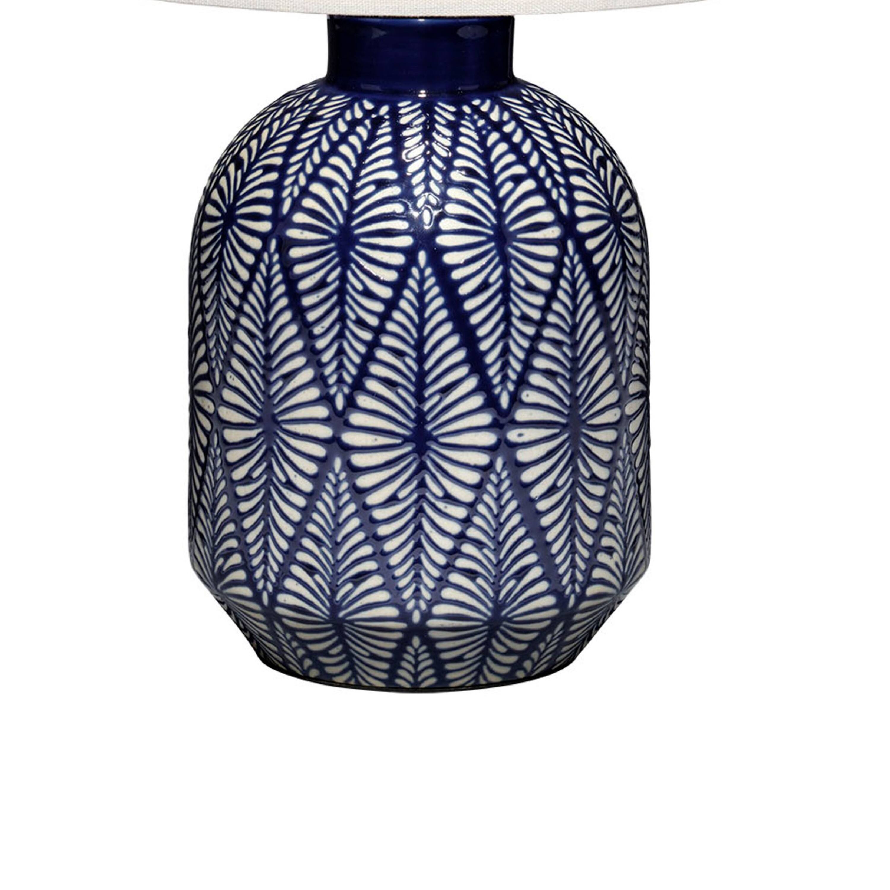 Back. Manhattan Lane - Hyla Accent Table Lamp, 17 Inch, Linen, Geometric Ceramic - Cream, Indigo Blue, White.