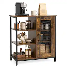 Costway - Buffet Sideboard Cabinet with 3 Open Shelves 2 Adjustable Shelves Anti-Tipping Kits - Rustic Brown