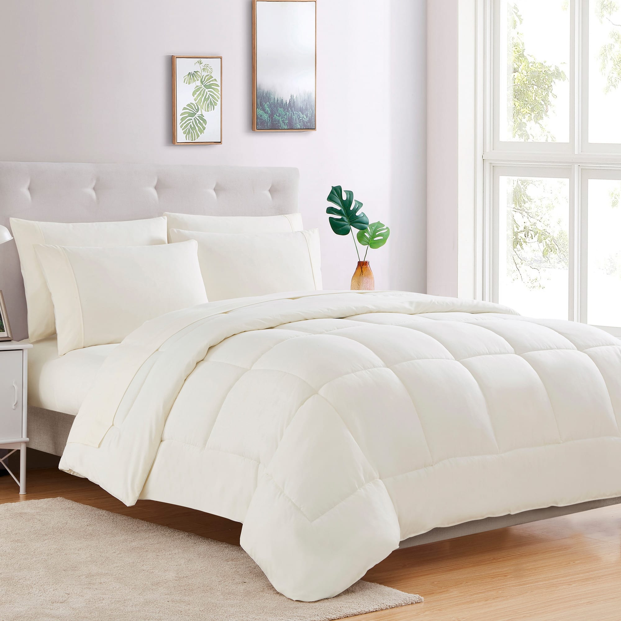 Front. Sweet Home Collection - All Season Reversible Bed-in-A-Bag Solid Color Comforter & Sheet Set, Full - Ivory.