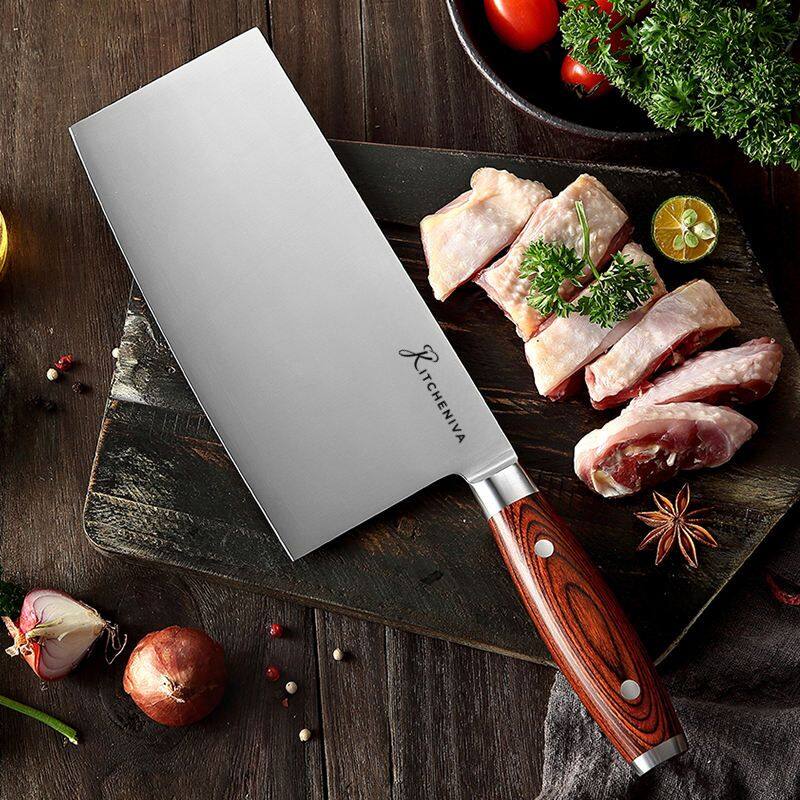 Back. Kitcheniva - 8-Inch German Stainless Steel Kitchen Cleaver with Pakka Wood Handle.