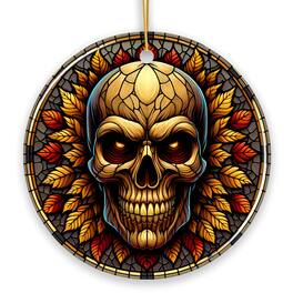 OrnamentallyYou - Spine-Chilling Haunting Skull Stained Glass Style Ceramic Ornament Halloween Themed Christmas Gift - Multi-colored