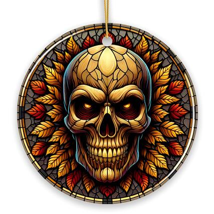 Front. OrnamentallyYou - Spine-Chilling Haunting Skull Stained Glass Style Ceramic Ornament Halloween Themed Christmas Gift - Multi-colored.