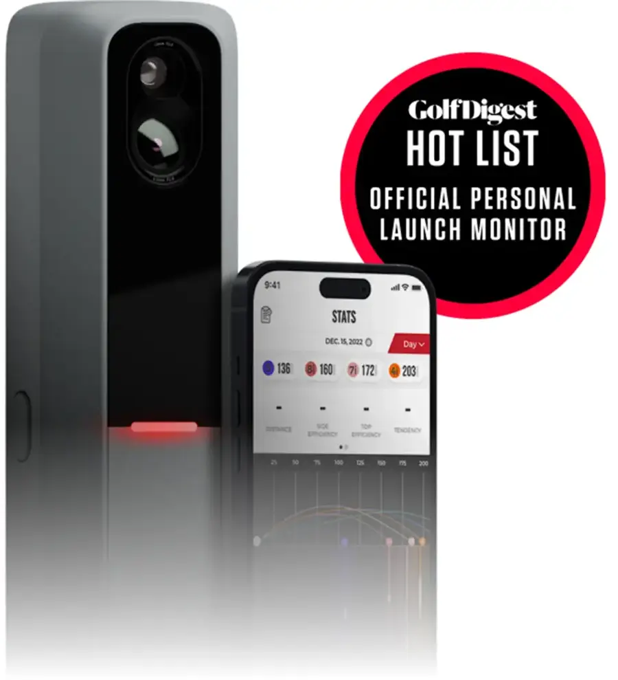F KA GolfDigest HOT LIST OFFICIAL PERSONAL LAUNCH MONITOR 9:41 il  STATS DEC IS 2022 1 Day S 136 8 160 7 172 203 DISTANCE SICE TOP TENDENCY EFFCIENCY EFFICIENCY a 25 50 9 100 125 150 15 200