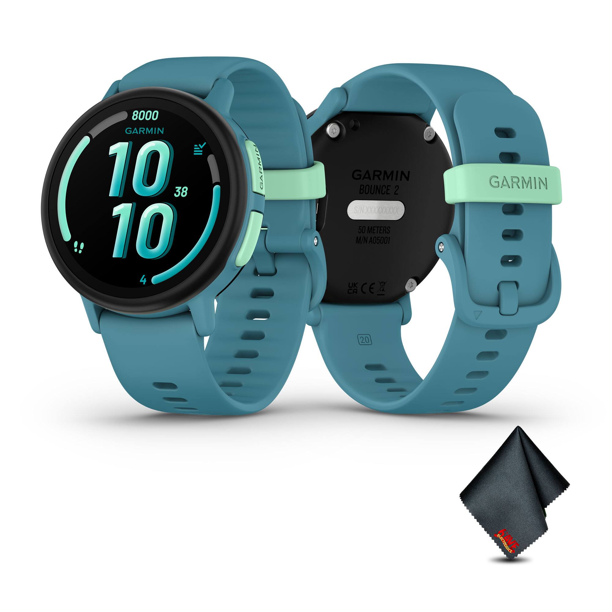 Garmin - Bounce 2, Kids Smartwatch, Turquoise, Microfiber Cleaning Cloth - Turquoise - (2025)