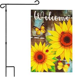 G128 - Combo Garden Flag Stand 36 x 16 in & 12 x 18 in Double-Sided Blockout Flag — Welcome Sunflowers and Butterflies - Assorted Colors