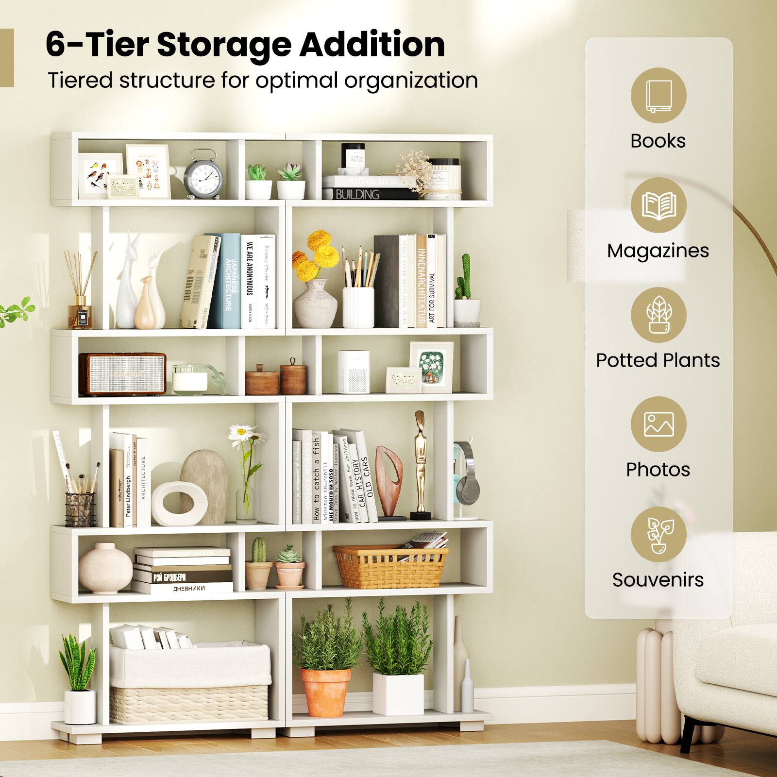 6-Tier Storage Addition  
Tiered structure for optimal organization  

Books  
Magazines  
Potted Plants  
Photos  
Souvenirs