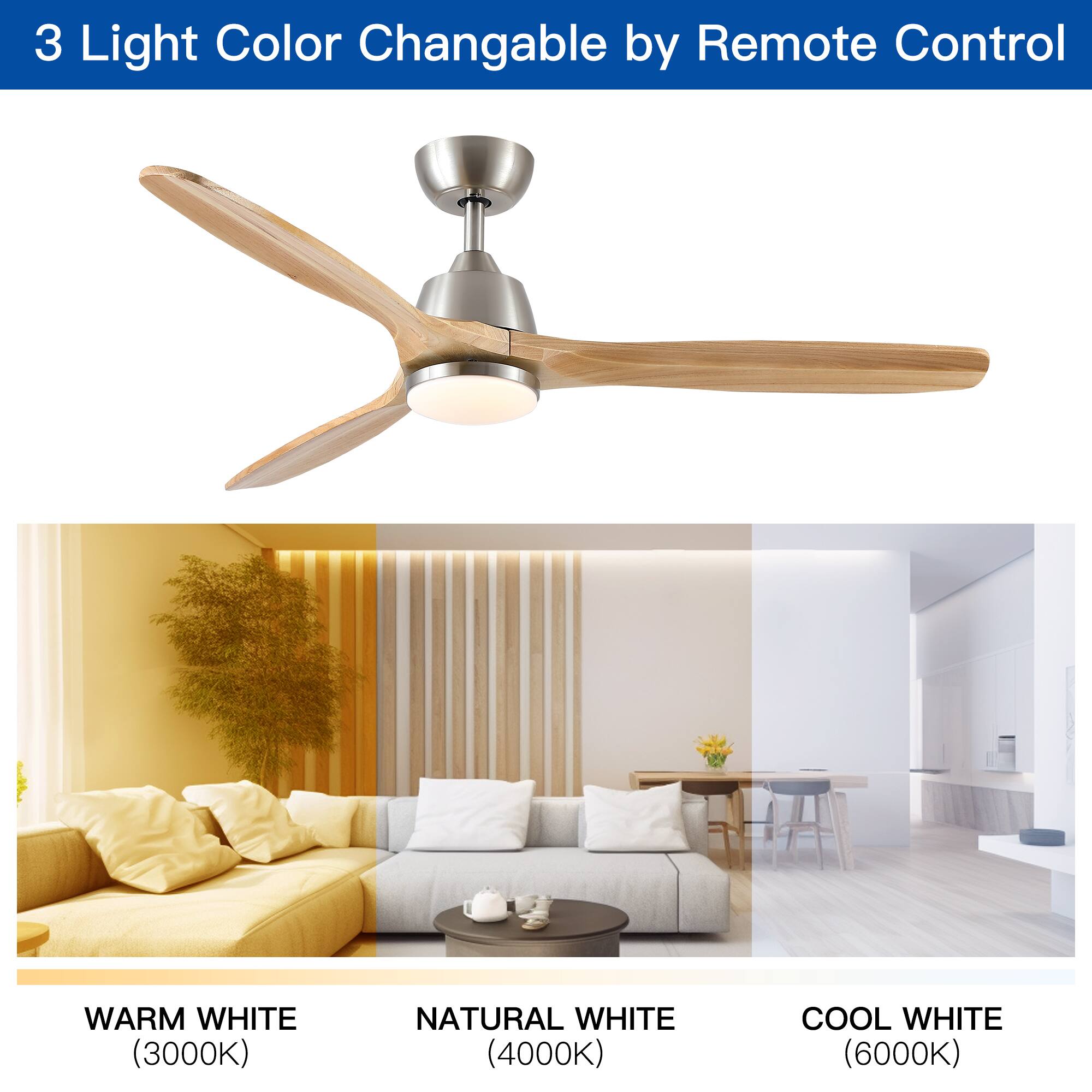 3 Light Color Changelable by Remote Control

WARM WHITE (3000K)  
NATURAL WHITE (4000K)  
COOL WHITE (6000K)