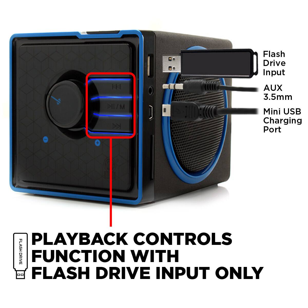 M MAIK KK

Flash Drive Input AUX 3.5mm Mini USB Charging Port

PLAYBACK CONTROLS FLASH DRIVE FUNCTION WITH FLASH DRIVE INPUT ONLY