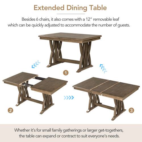 Extended Dining Table

Besides 6 chairs, it also comes with a 12" removable leaf which can be quickly adjusted to accommodate the number of guests.

Whether it's for small family gatherings or larger get-togethers, the table can expand or contract to suit everyone's needs.