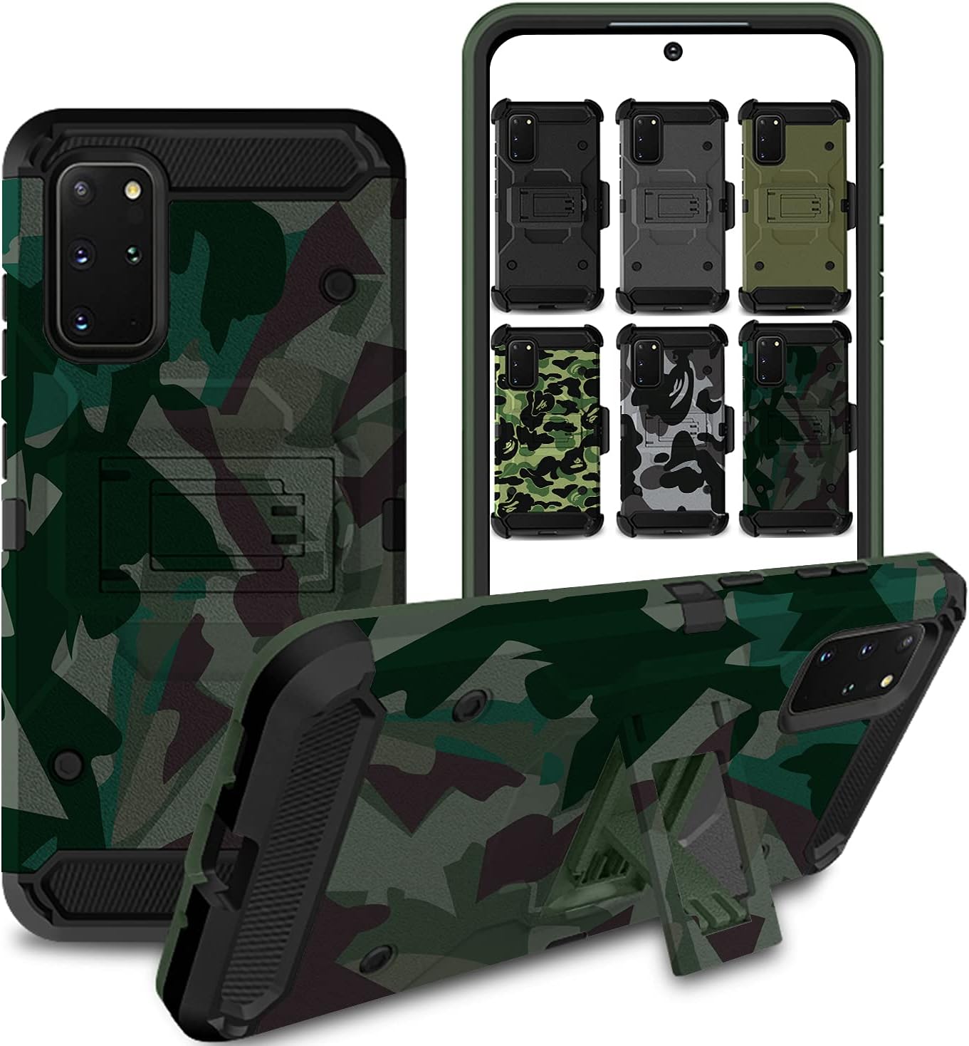 Front. DuraSafe Cases - Samsung Galaxy S20 Plus - 6.7" 3-Layer Rugged Armor Phone Case with Kickstand - Military Green(Without Holster).