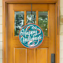 Evergreen Enterprises - Miami Dolphins 18" Happy Holidays Wooden Round Door Sign - Multicolor