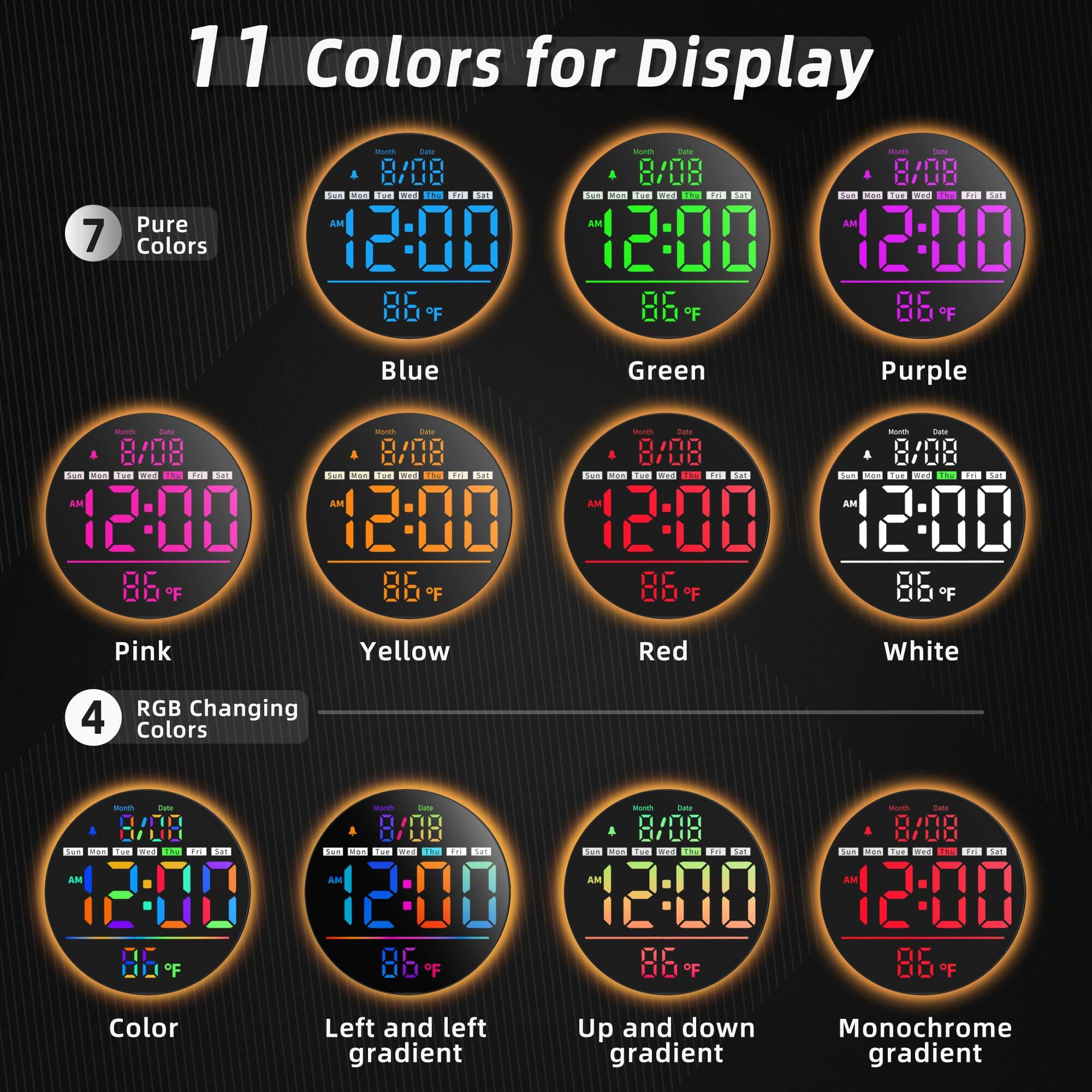 11 Colors for Display

7 Pure Colors
- Blue
- Green
- Purple
- Pink
- Yellow
- Red
- White

4 RGB Changing Colors
- Color
- Left and left gradient
- Up and down gradient
- Monochrome gradient