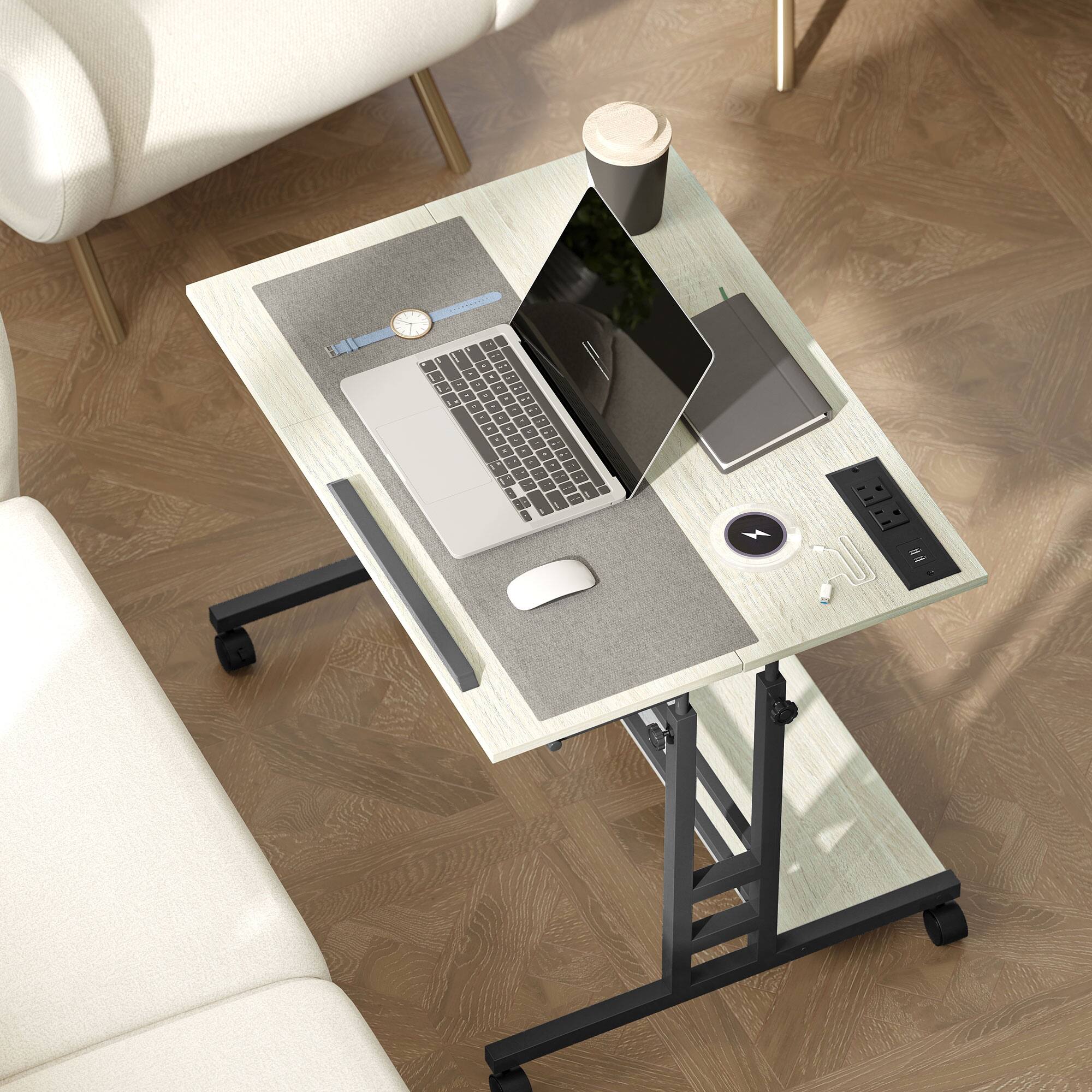 Alt View 7. Homcom - Height Adjustable Standing Desk with Power Outlets, Tiltable Top, Lockable Wheels, Rolling Workstation - Oak.