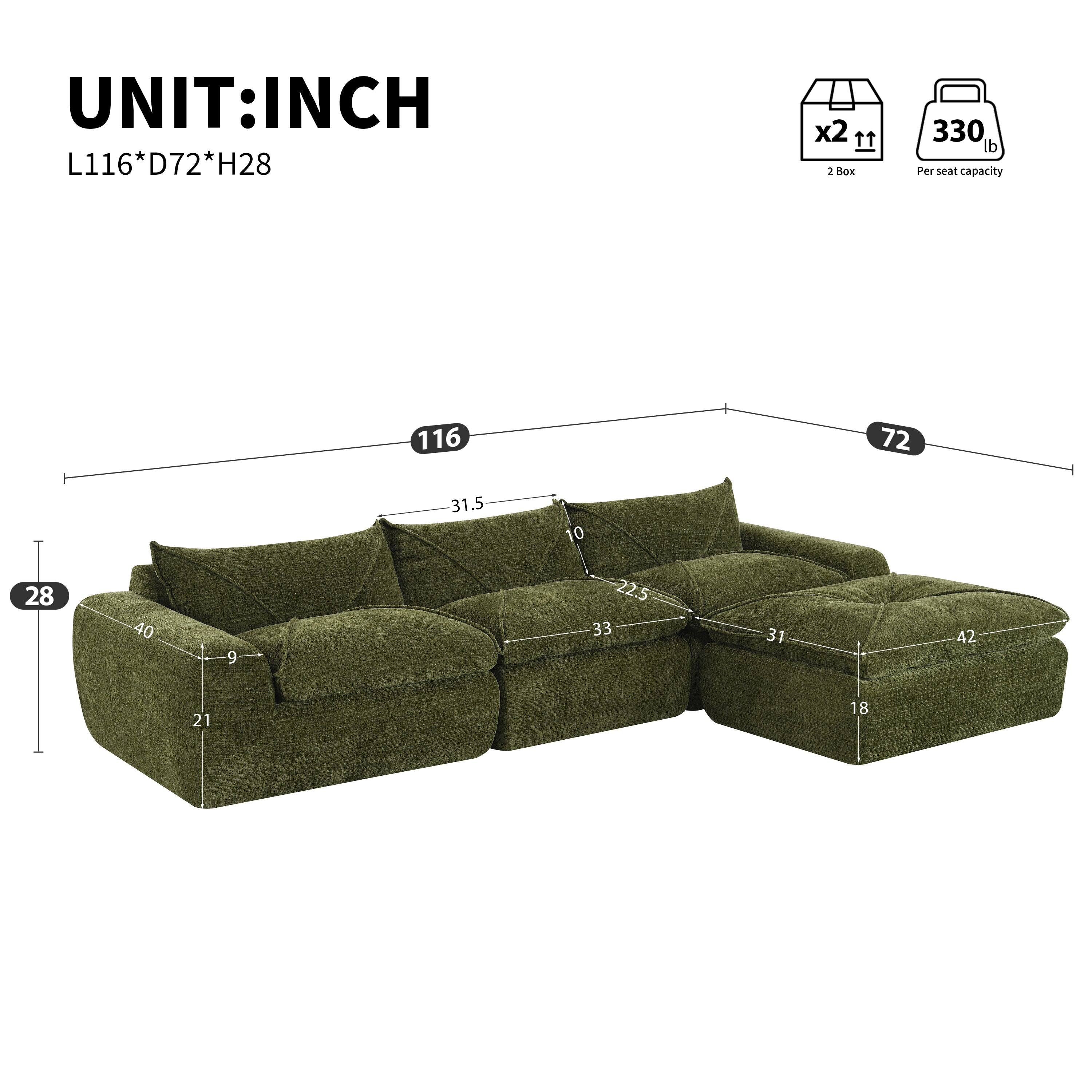 UNIT: INCH  
L116*D72*H28  

2 Box  
Per seat capacity 330 lb  

116  
72  
28  
31.5  
10  
22.5  
33  
31  
42  
21  
18  
40  
9