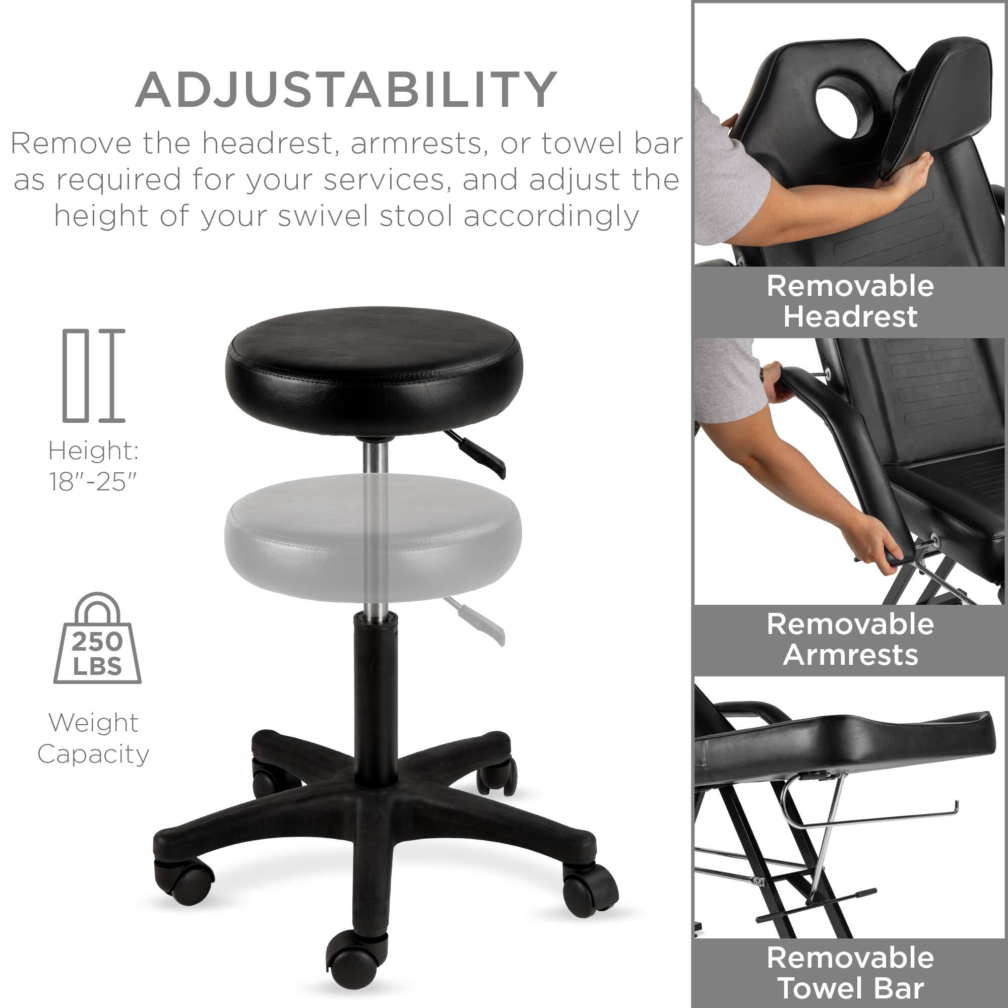 **ADJUSTABILITY**

Remove the headrest, armrests, or towel bar as required for your services, and adjust the height of your swivel stool accordingly.

- **Height:** 18"–25"
- **Weight Capacity:** 250 LBS

**Removable Headrest**

**Removable Armrests**

**Removable Towel Bar**