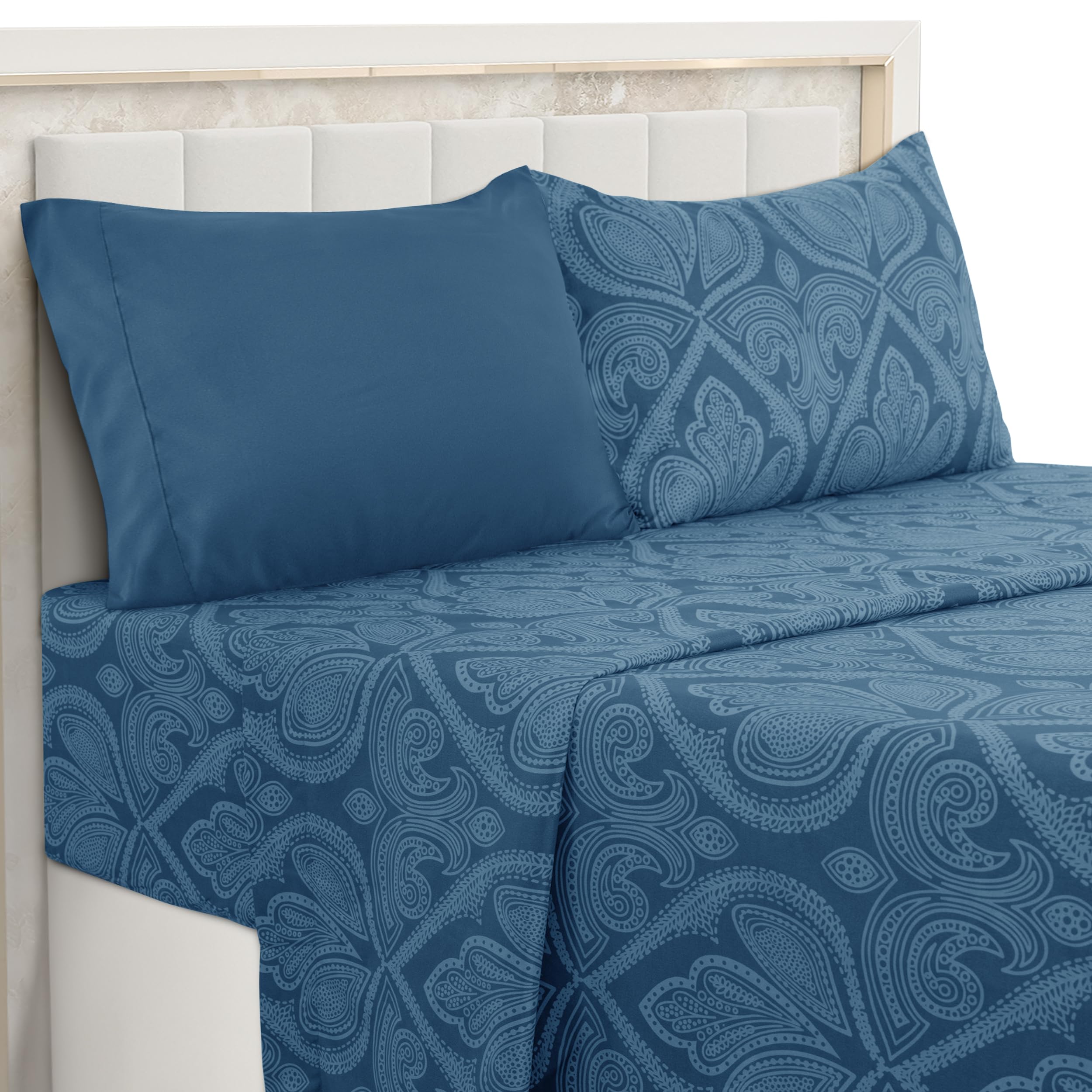 Front. Skar Audio - Lux Decor Paisley Queen Sheet Set - Ultra-soft Microfiber Bed Sheets With Flat es Deep Pocket Fitted & 4 Pi... - Paisley Navy Blue Twin.