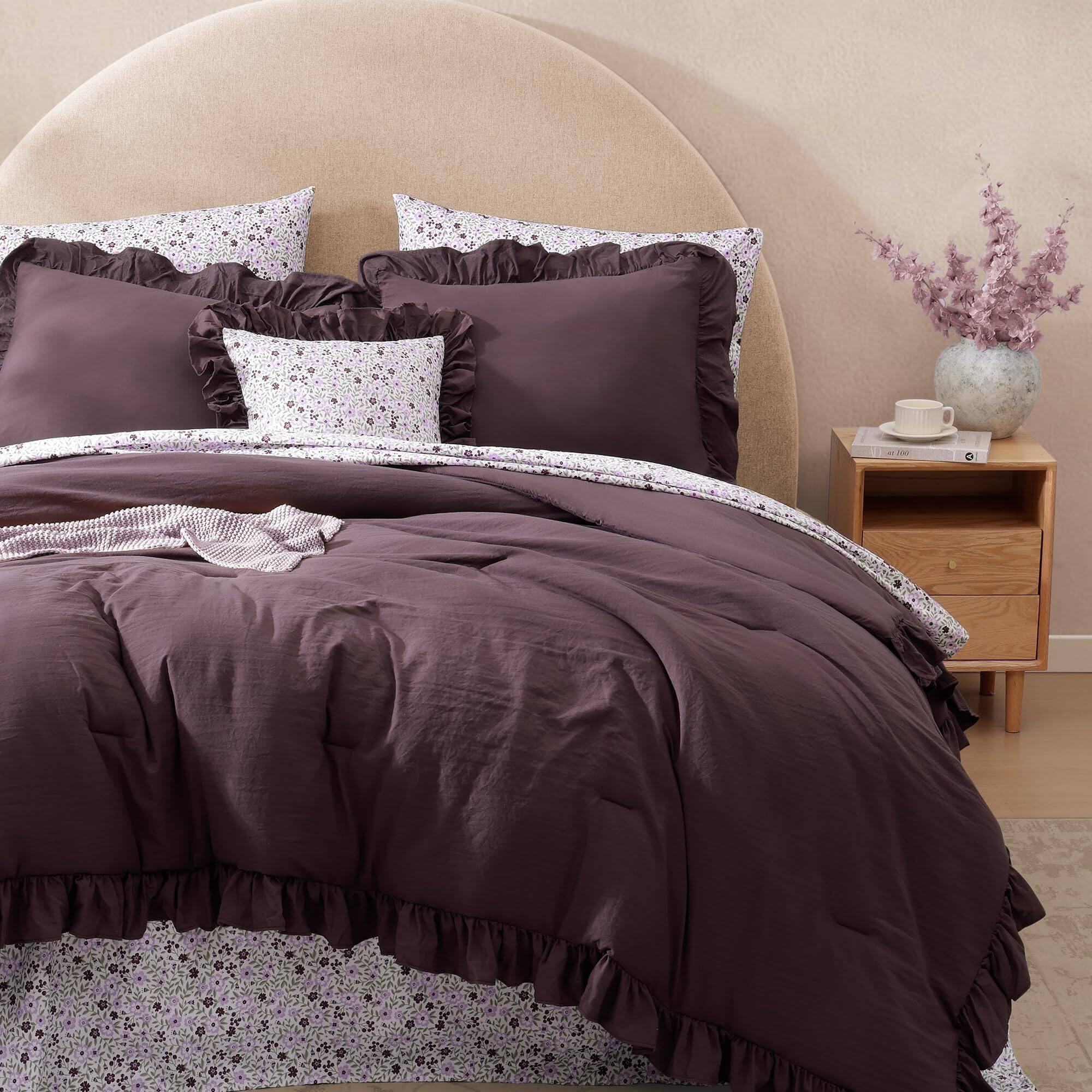 Alt View 3. PARKER SLATER - Queen Comforter Set - 7 Pieces Ruffle Purple Bedding Sets Shabby Chic Farmhouse Bed In A Bag With Floral Sheets... - Autumn Leaf-Queen.
