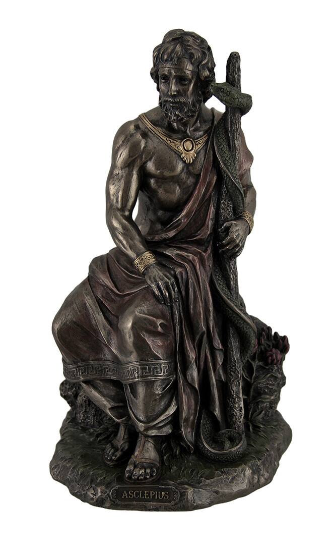 Front. Veronese Design - Asclepius Greek God of Medicine Holding Serpent Entwined Staff Bronzed Statue - Bronze.
