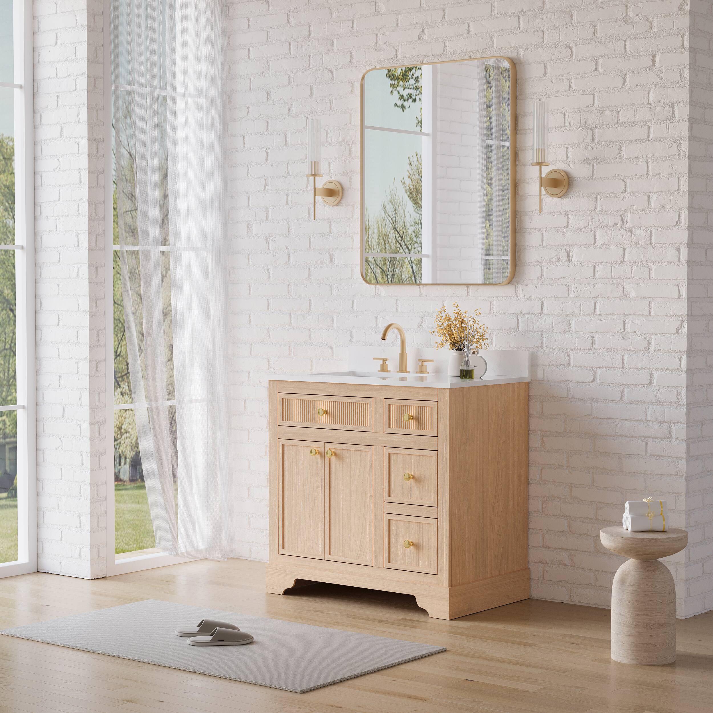 Alt View 2. WELLFOR - ALLSTAR 36 in. Freestanding Solid Wood Bath Vanity with Quartz Top, Single Sink, Soft Close, Assembled - Light Brown.