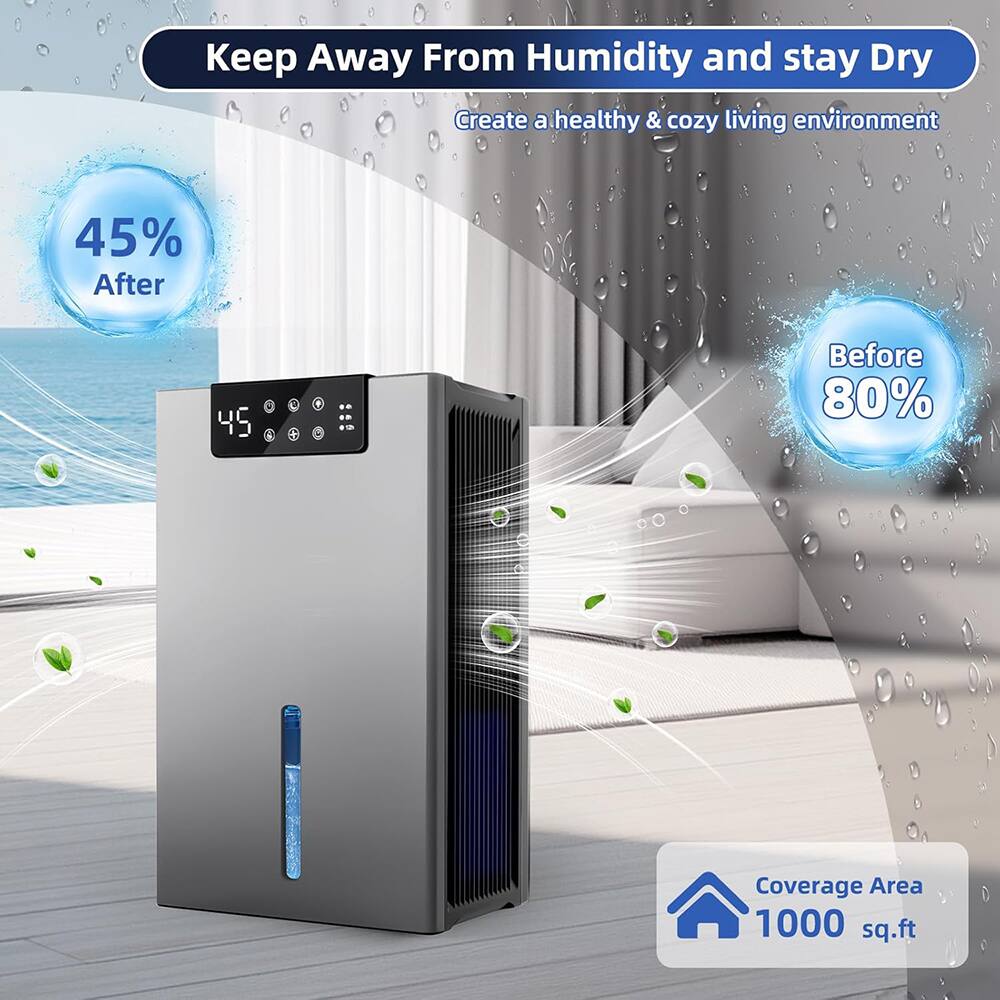 Keep Away From Humidity and stay Dry  
Create a healthy & cozy living environment  

45% After  
80% Before  

Coverage Area 1000 sq.ft