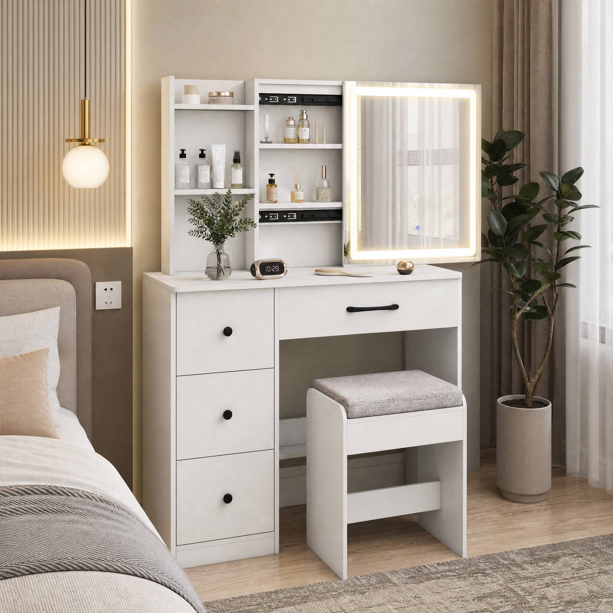 Left. WELLFOR - Makeup Vanity Desk with Sliding 3‑Color LED Lighted Mirror, 4 Drawers and Removable‑Cushion Padded Stool for Bedroom - White.